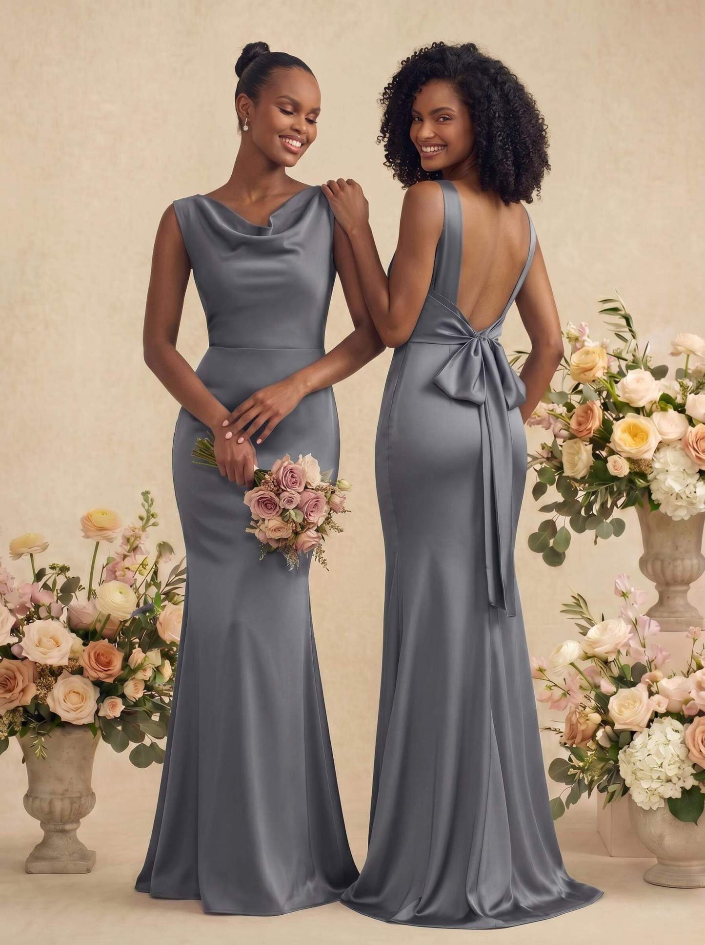 Trumpet/Mermaid Cowl Neck Sleeveless Stretch Satin Bridesmaid Dresses With Bow(s), product image 39
