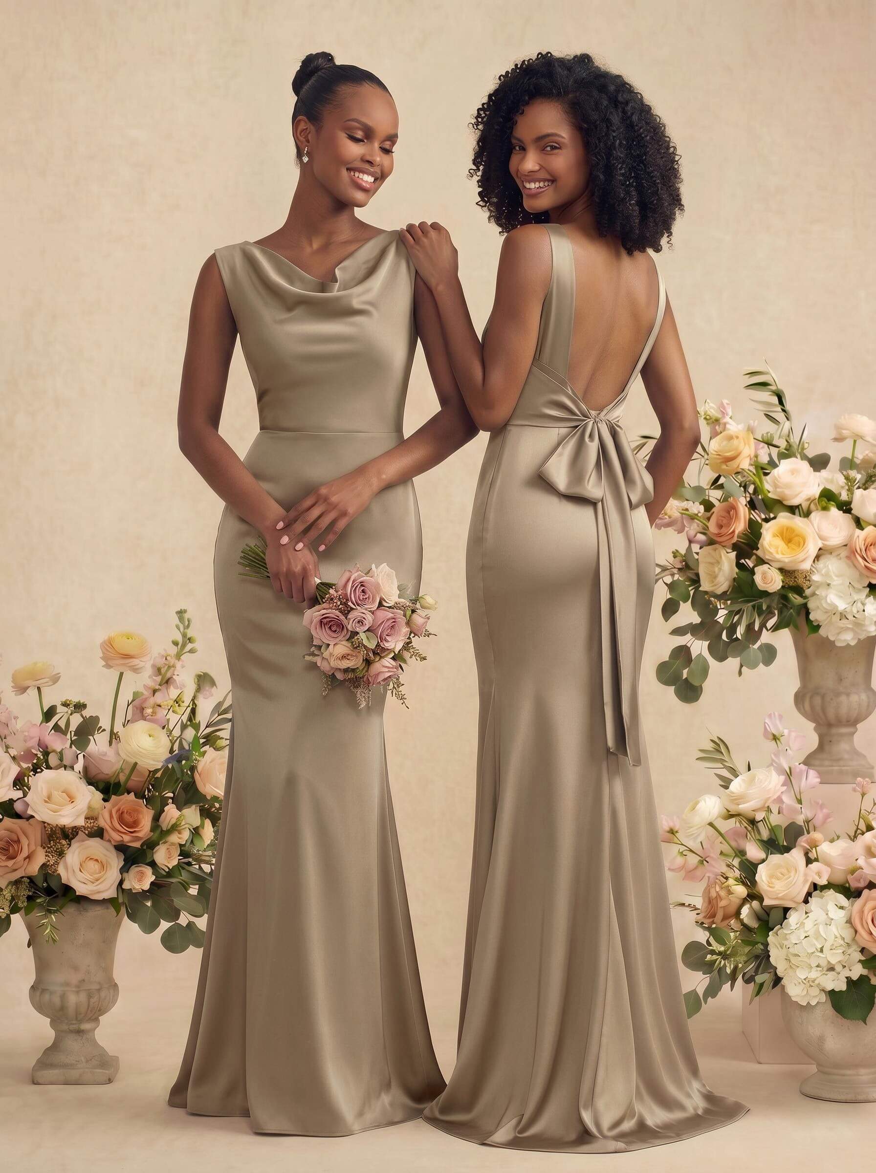 Trumpet/Mermaid Cowl Neck Sleeveless Stretch Satin Bridesmaid Dresses With Bow(s), product image 40