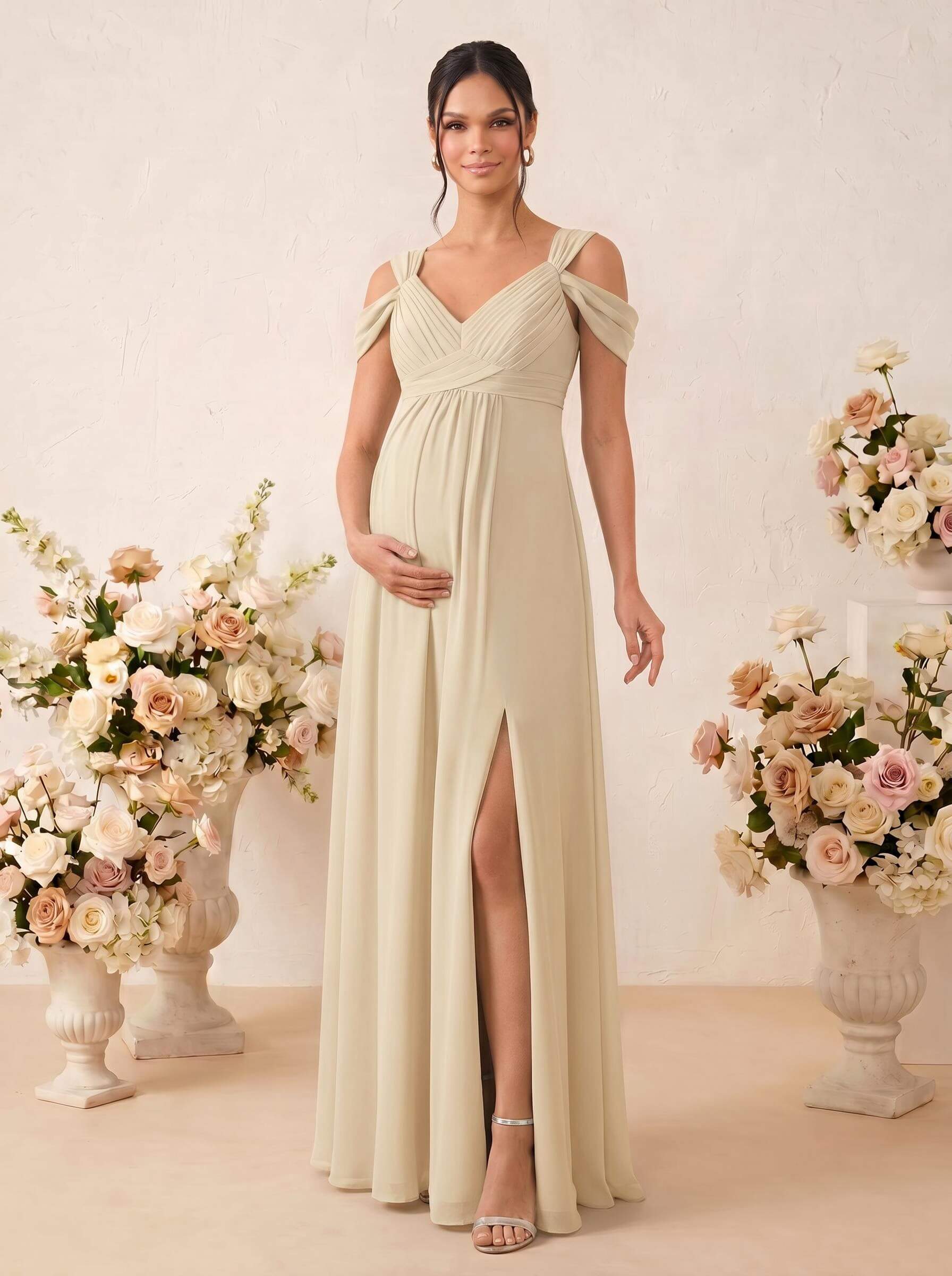 A-Line V-Neck Sleeveless Floor-Length Chiffon Maternity Bridesmaid Dresses With High Split, product image 50