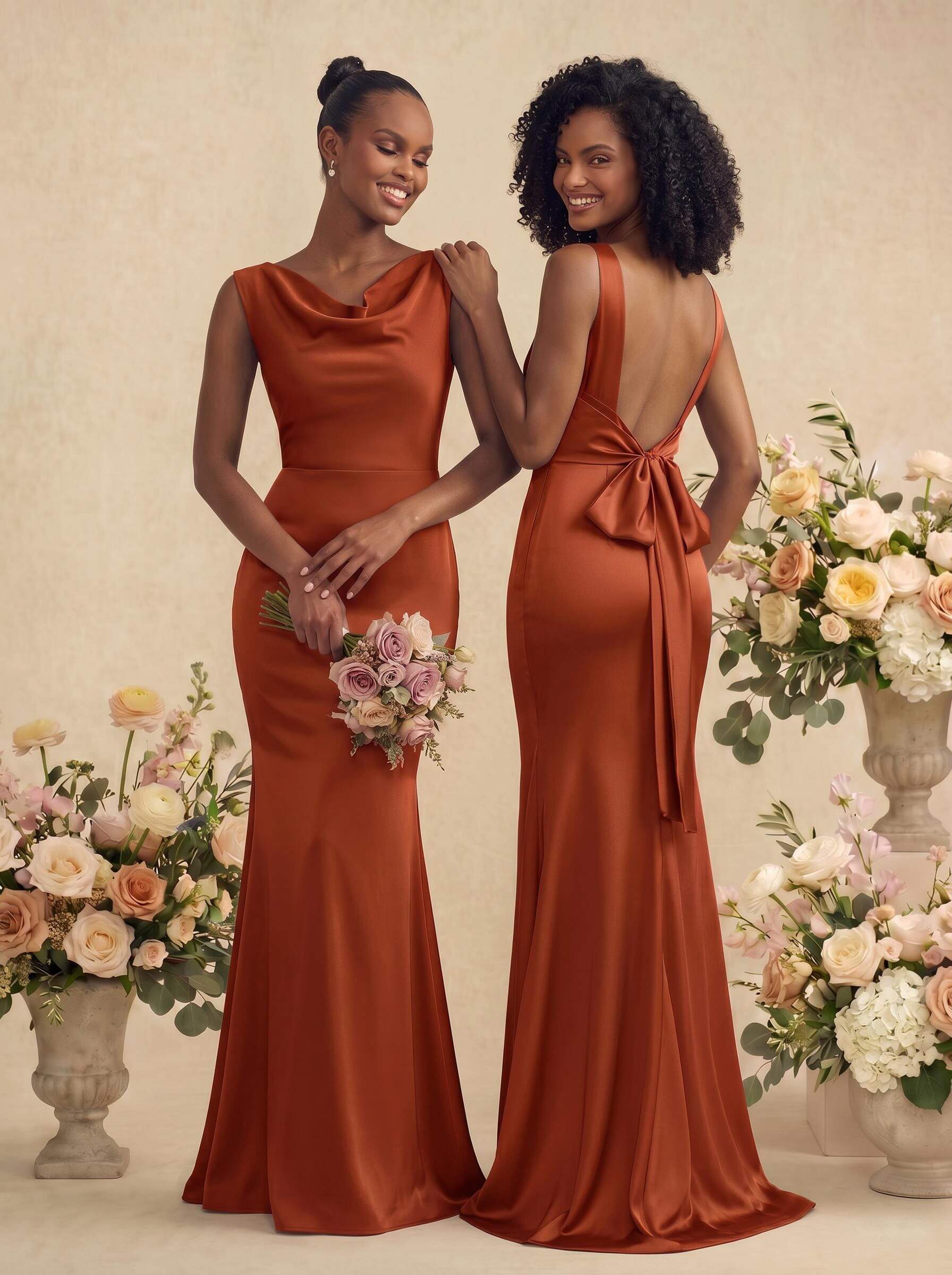 Trumpet/Mermaid Cowl Neck Sleeveless Stretch Satin Bridesmaid Dresses With Bow(s), product image 63
