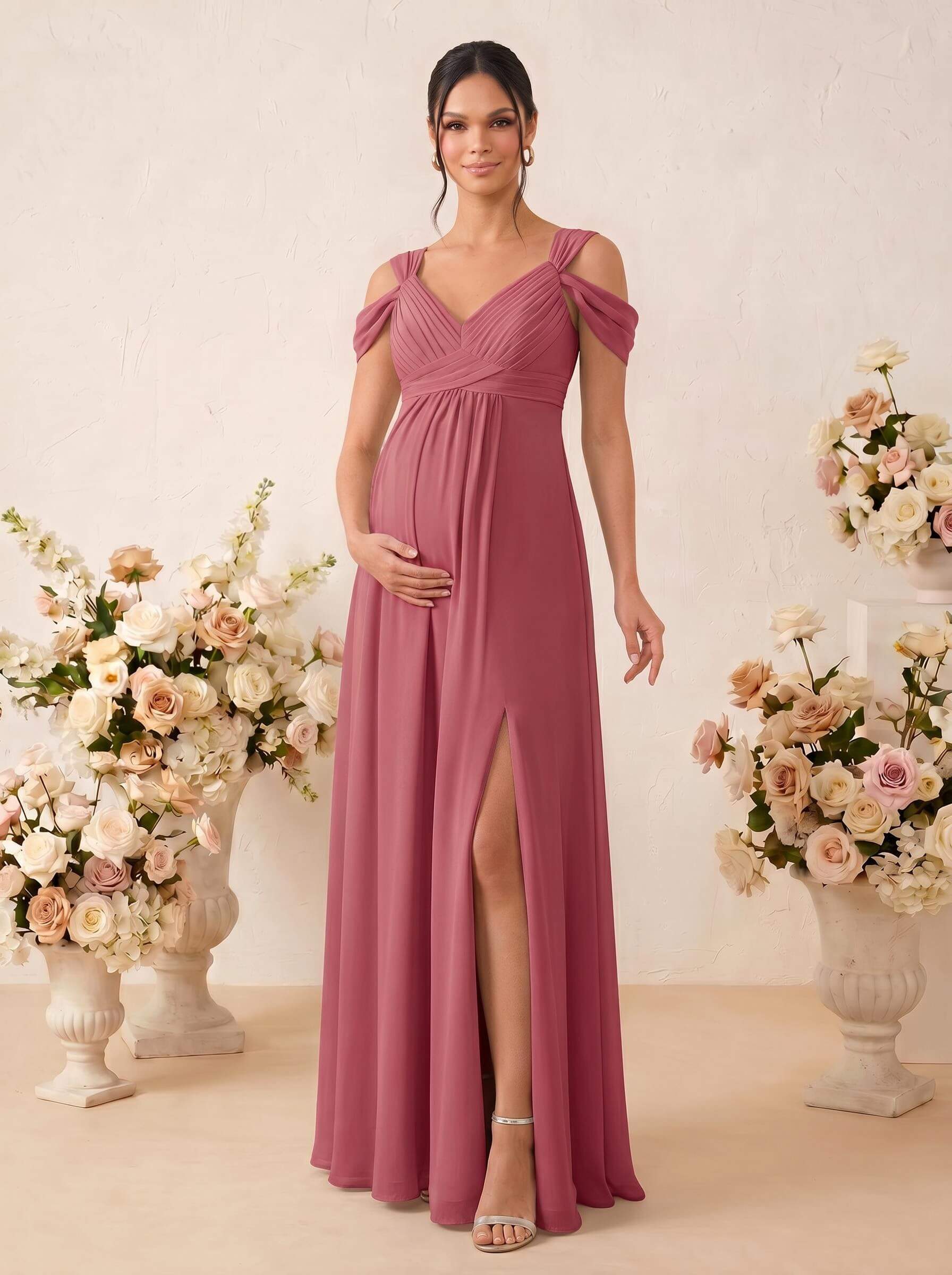 A-Line V-Neck Sleeveless Floor-Length Chiffon Maternity Bridesmaid Dresses With High Split, product image 18