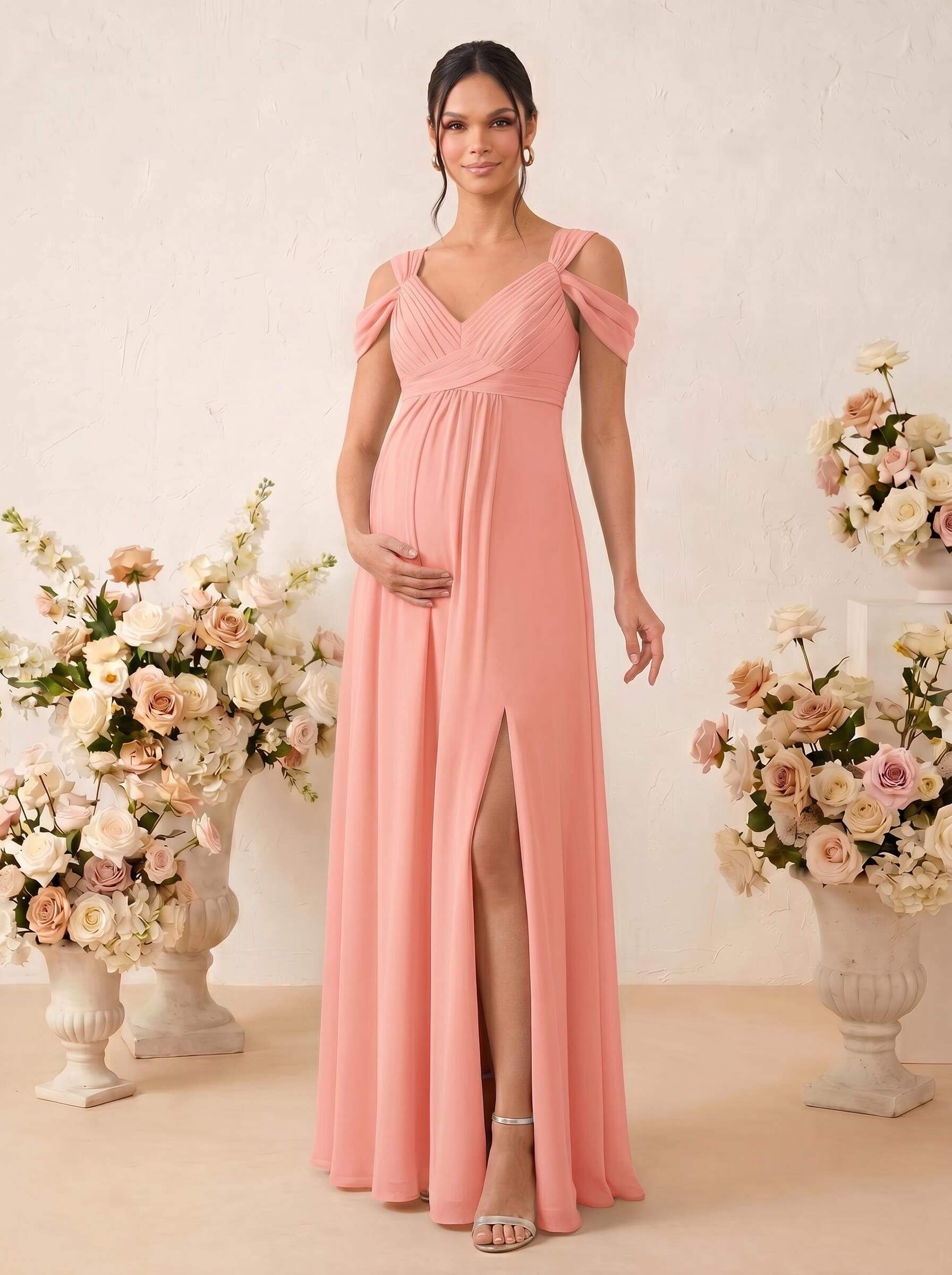 A-Line V-Neck Sleeveless Floor-Length Chiffon Maternity Bridesmaid Dresses With High Split, product image 27