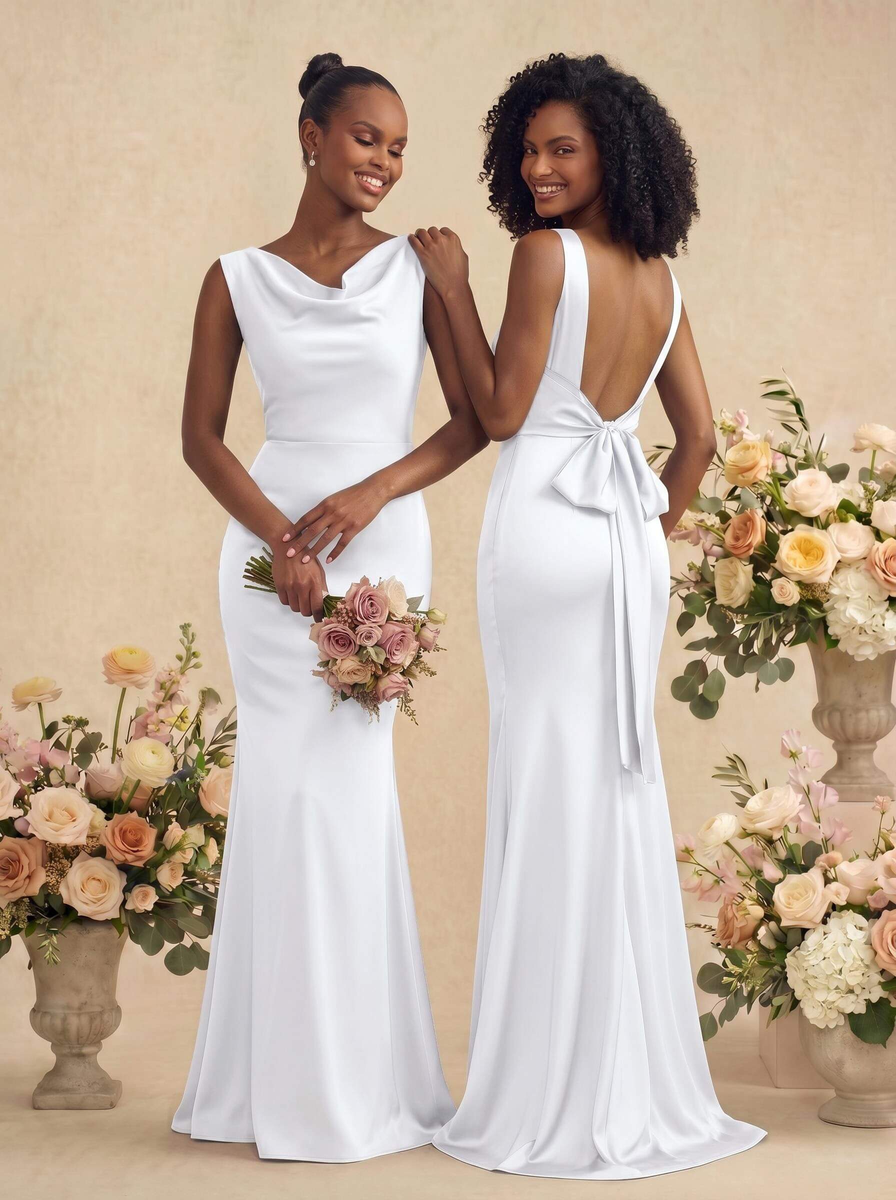 Trumpet/Mermaid Cowl Neck Sleeveless Stretch Satin Bridesmaid Dresses With Bow(s), product image 42