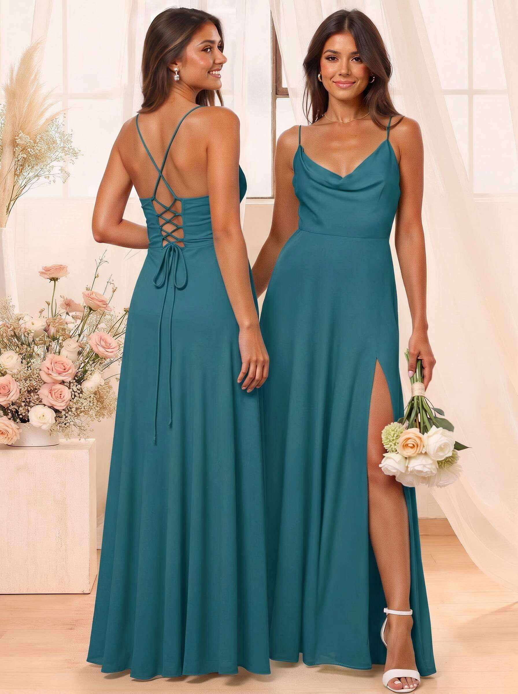 A-Line Cowl Neck Sleeveless Floor-Length Chiffon Bridesmaid Dresses With Split Front