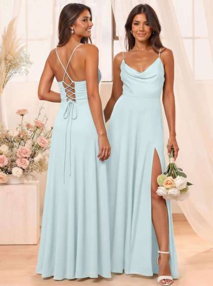 A-Line Cowl Neck Sleeveless Floor-Length Chiffon Bridesmaid Dresses With Split Front