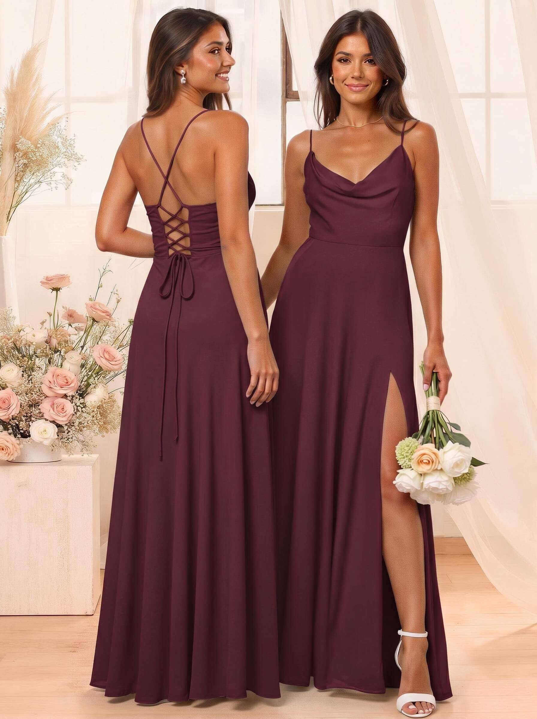 A-Line Cowl Neck Sleeveless Floor-Length Chiffon Bridesmaid Dresses With Split Front
