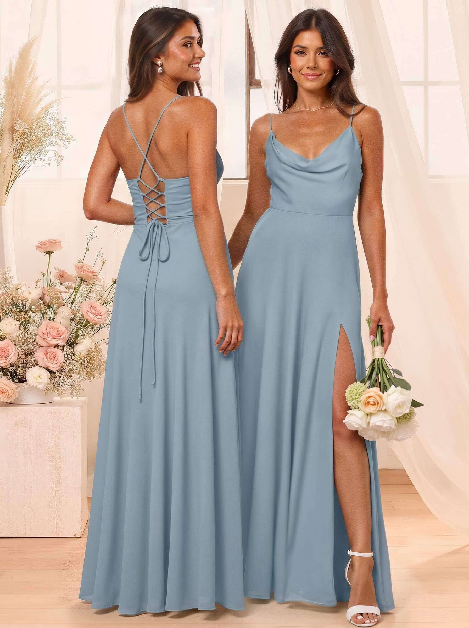A-Line Cowl Neck Sleeveless Floor-Length Chiffon Bridesmaid Dresses With Split Front