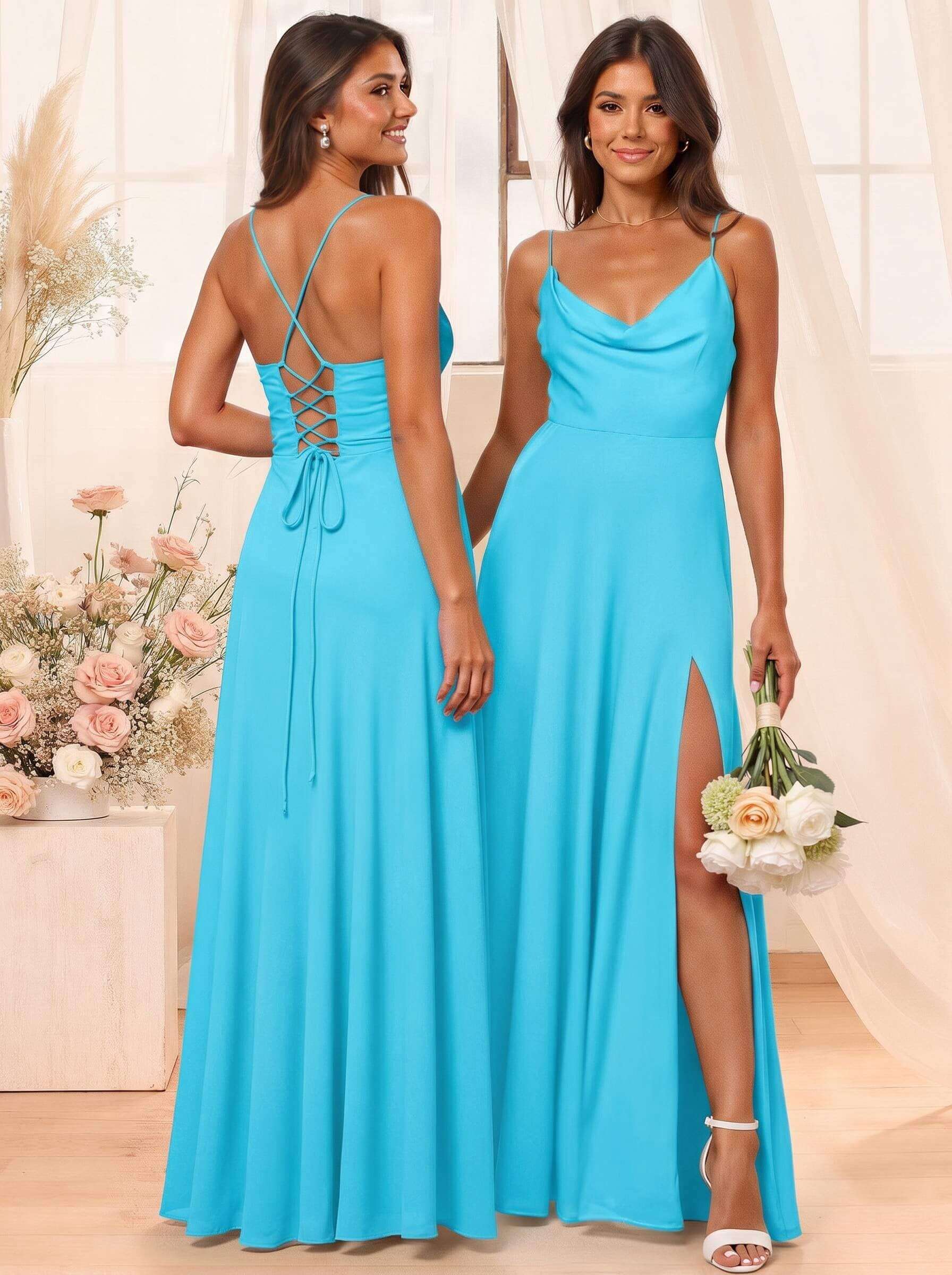 A-Line Cowl Neck Sleeveless Floor-Length Chiffon Bridesmaid Dresses With Split Front