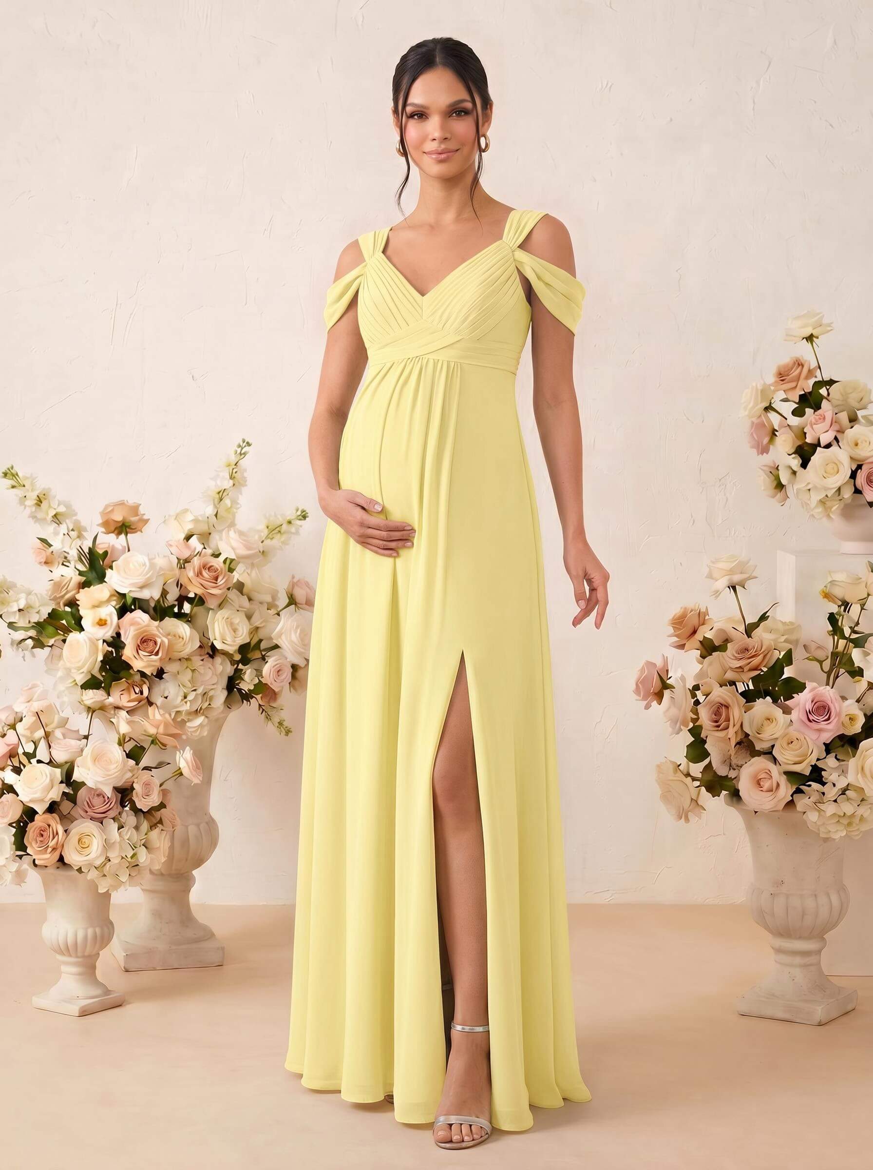 A-Line V-Neck Sleeveless Floor-Length Chiffon Maternity Bridesmaid Dresses With High Split, product image 52