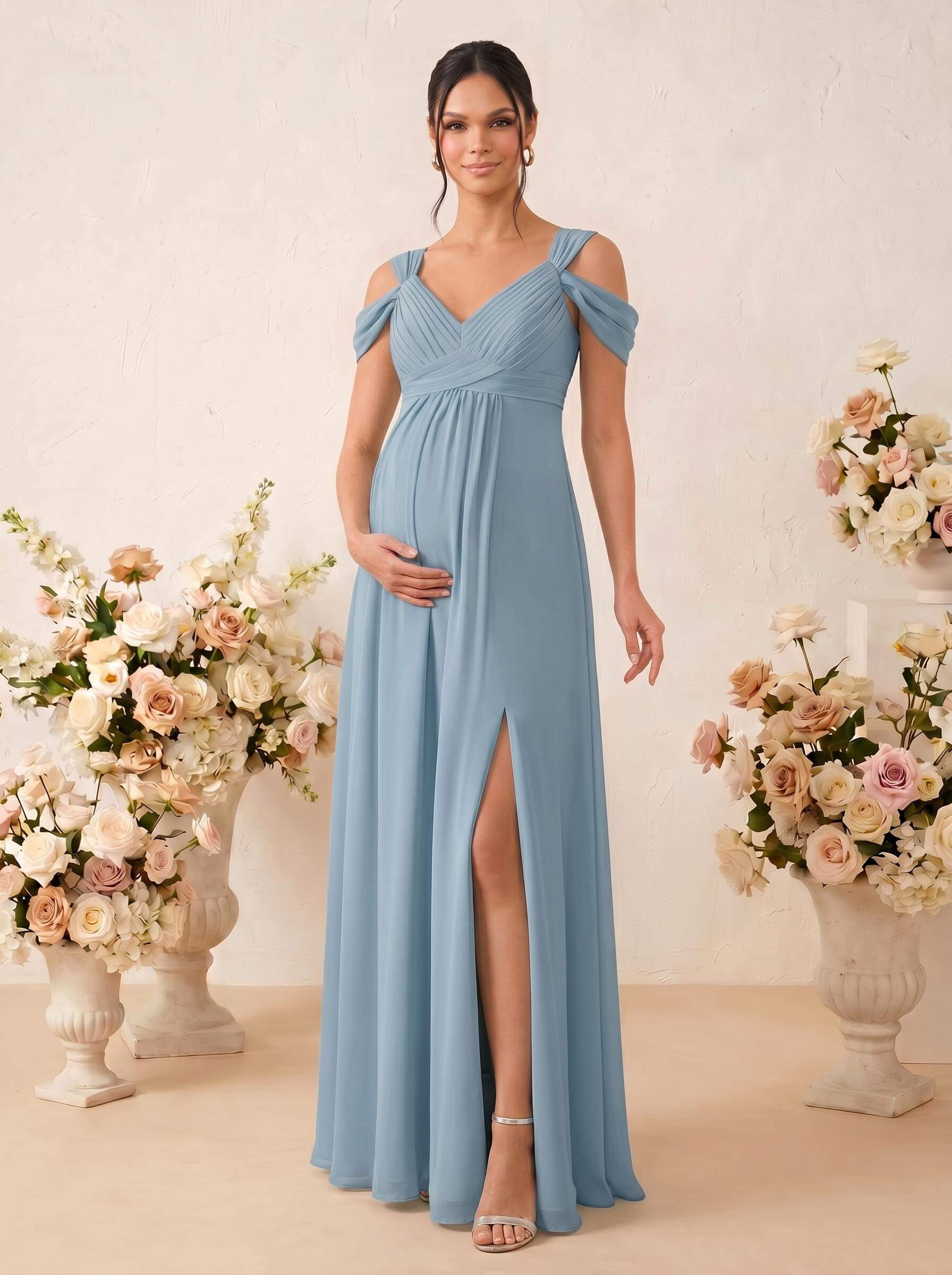 A-Line V-Neck Sleeveless Floor-Length Chiffon Maternity Bridesmaid Dresses With High Split, product image 6