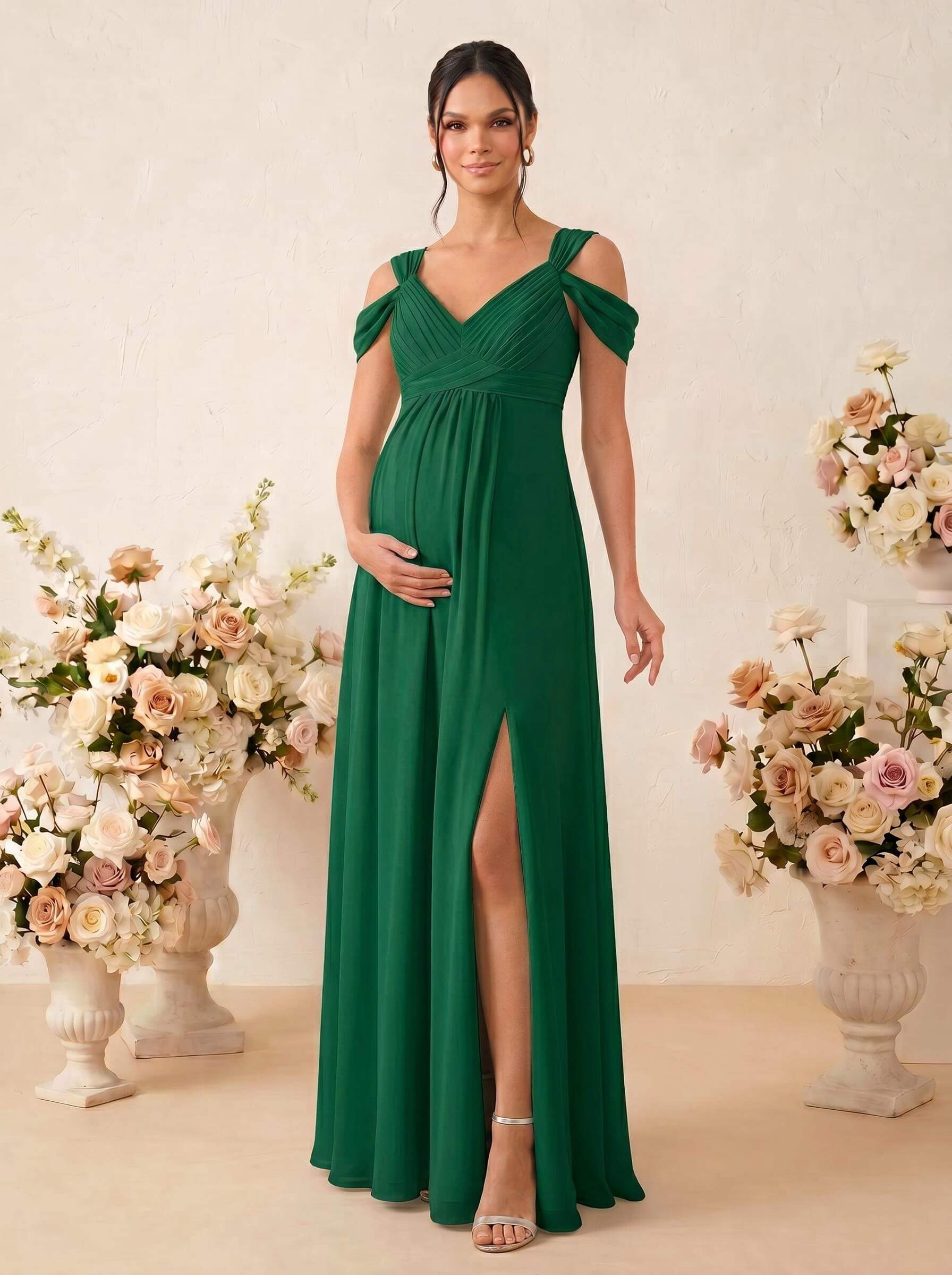 A-Line V-Neck Sleeveless Floor-Length Chiffon Maternity Bridesmaid Dresses With High Split, product image 67