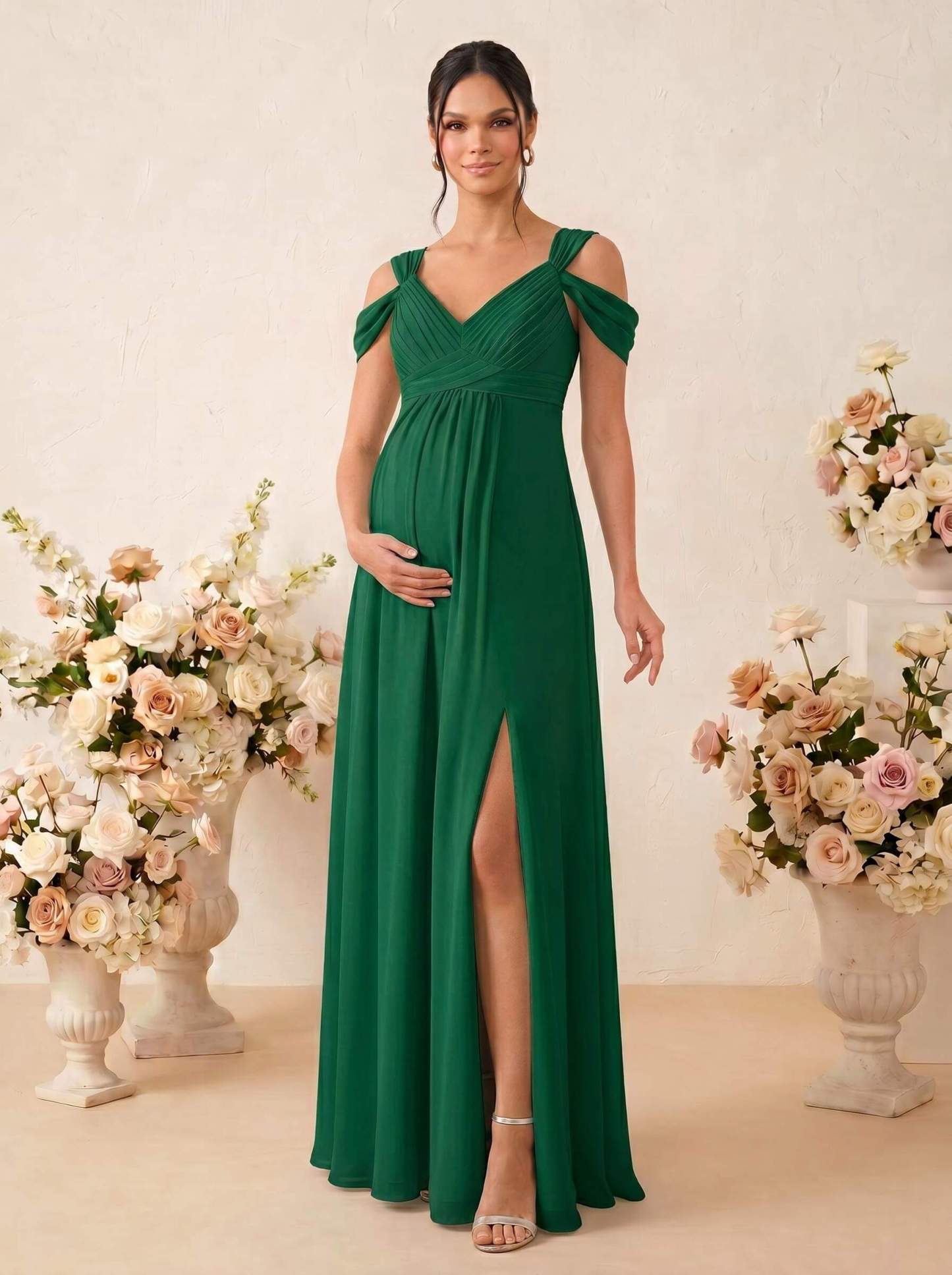 A-Line V-Neck Sleeveless Floor-Length Chiffon Maternity Bridesmaid Dresses With High Split, product image 67