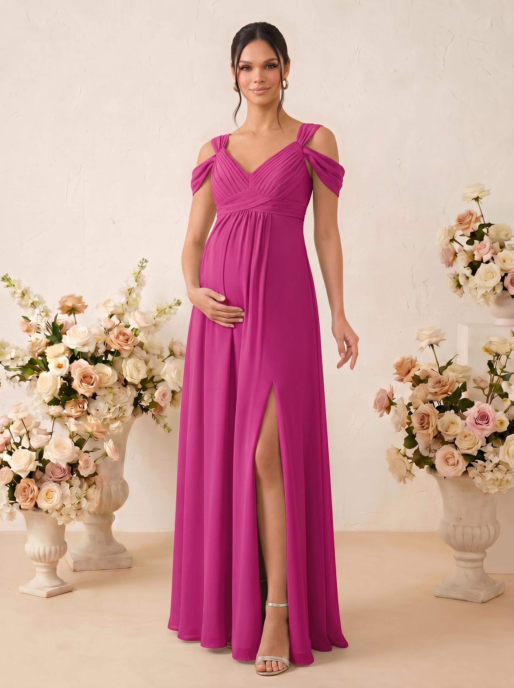 A-Line V-Neck Sleeveless Floor-Length Chiffon Maternity Bridesmaid Dresses With High Split, product image 41