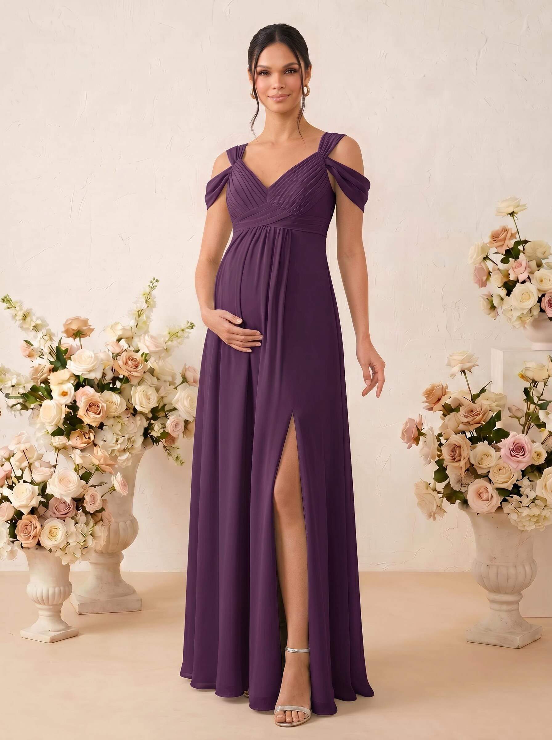 A-Line V-Neck Sleeveless Floor-Length Chiffon Maternity Bridesmaid Dresses With High Split, product image 38