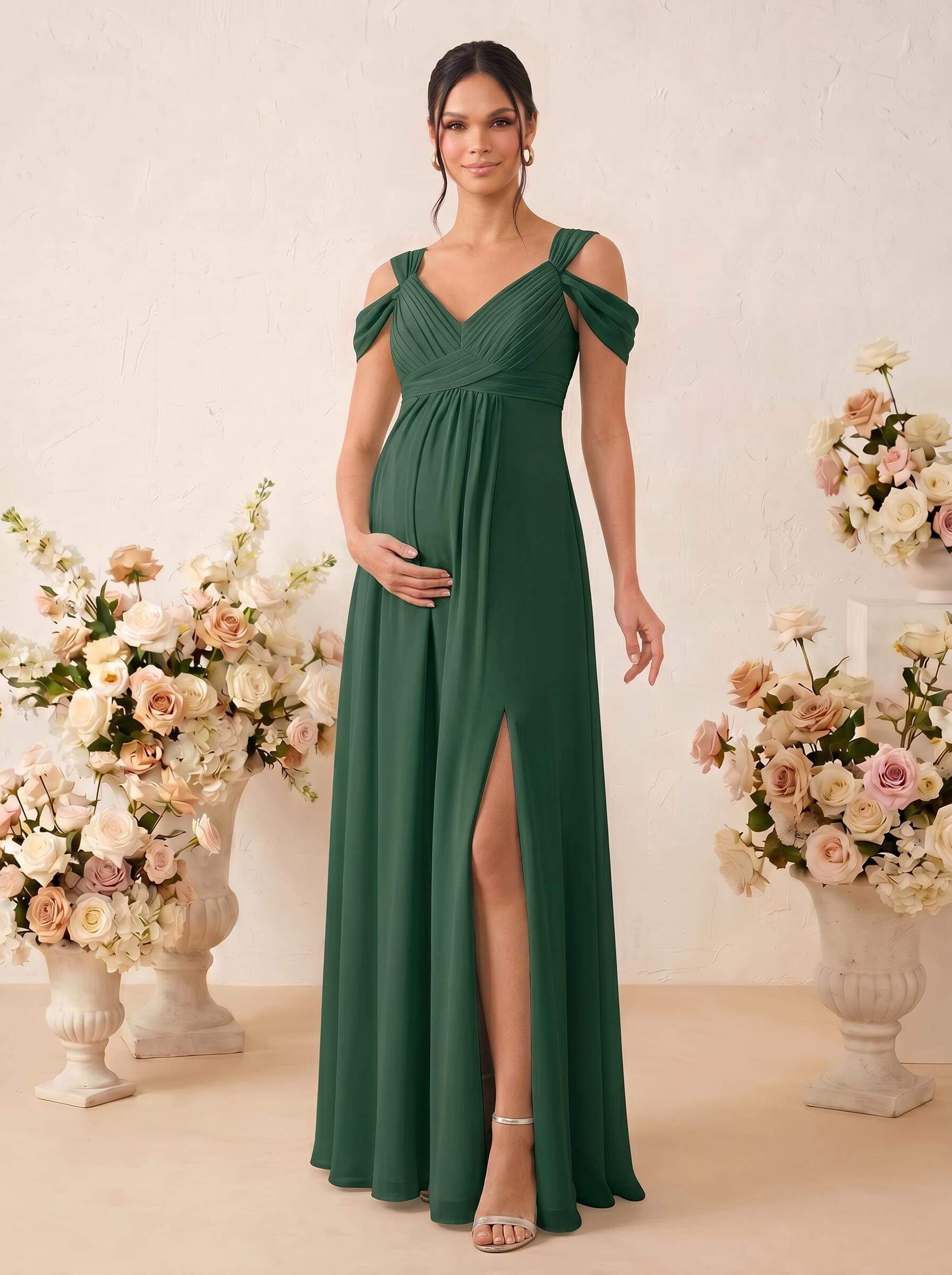 A-Line V-Neck Sleeveless Floor-Length Chiffon Maternity Bridesmaid Dresses With High Split, product image 44