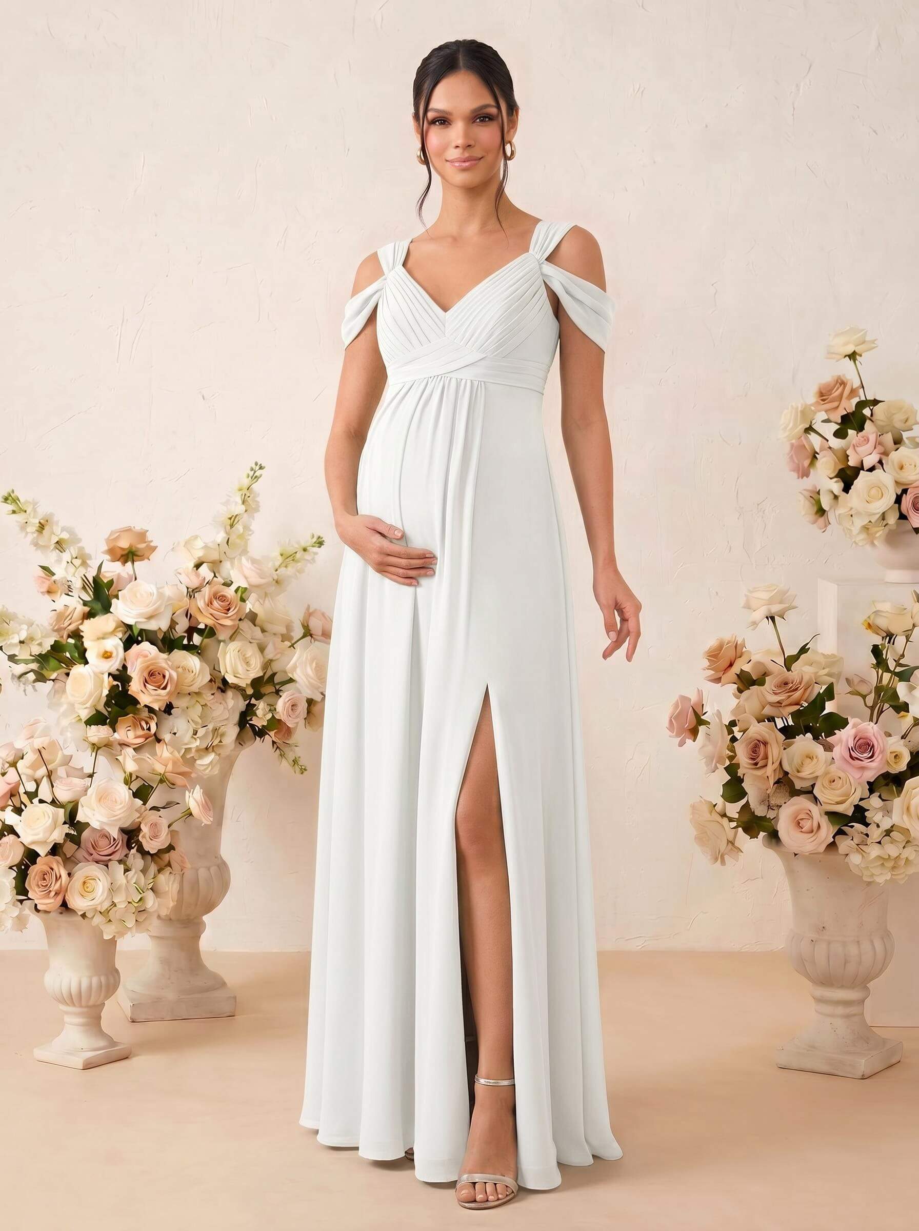 A-Line V-Neck Sleeveless Floor-Length Chiffon Maternity Bridesmaid Dresses With High Split, product image 57