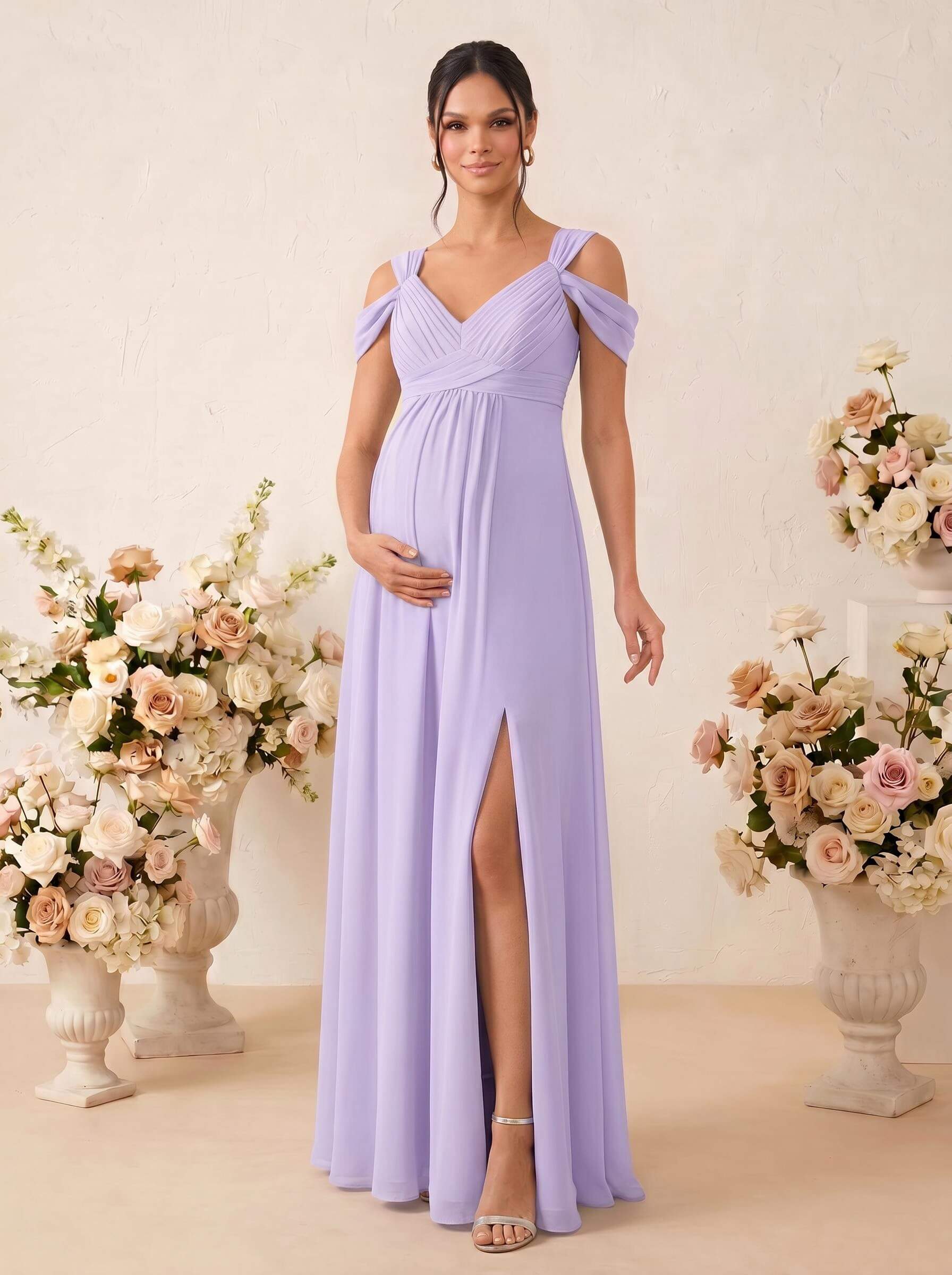 A-Line V-Neck Sleeveless Floor-Length Chiffon Maternity Bridesmaid Dresses With High Split, product image 34