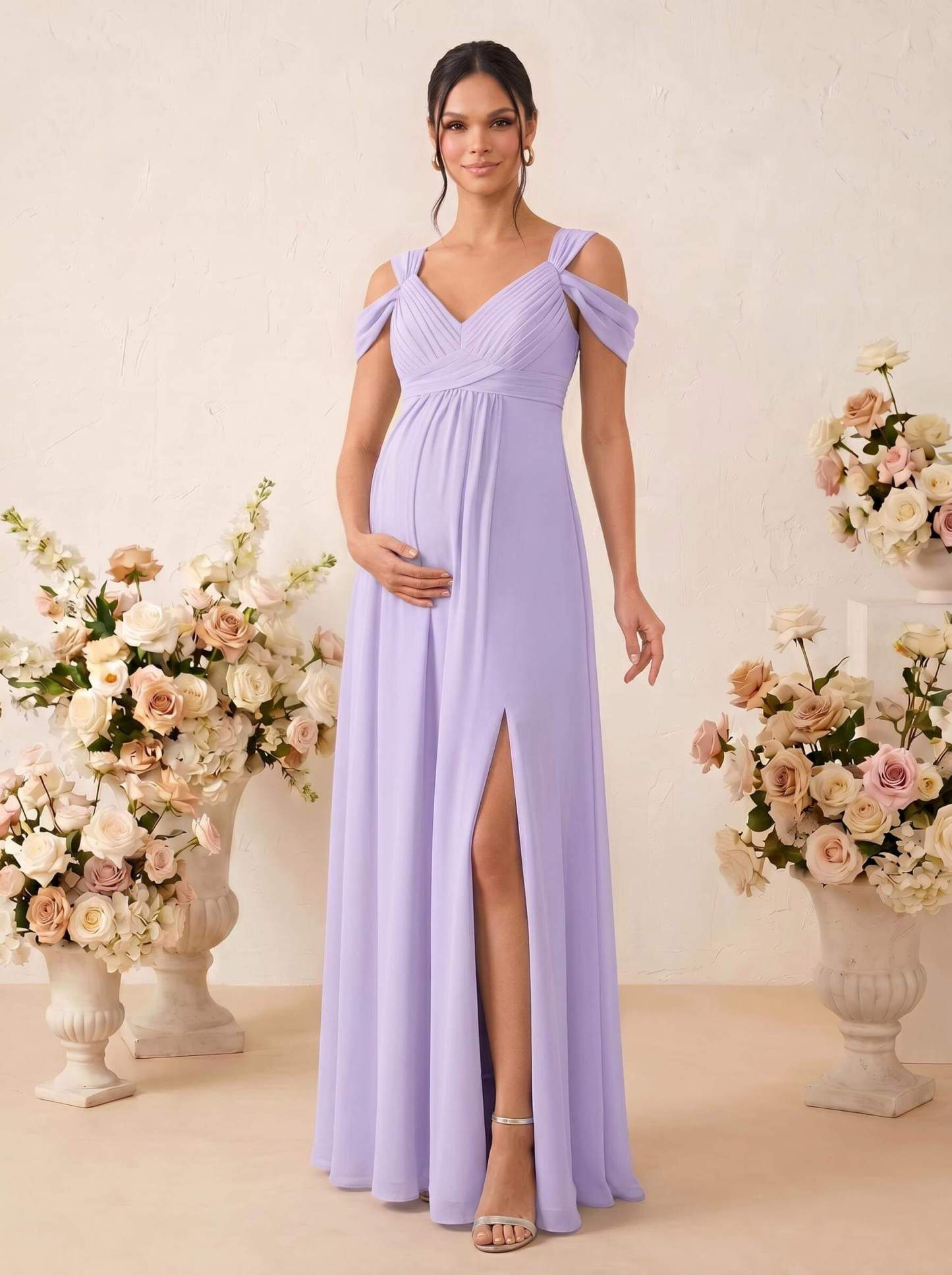 A-Line V-Neck Sleeveless Floor-Length Chiffon Maternity Bridesmaid Dresses With High Split, product image 34