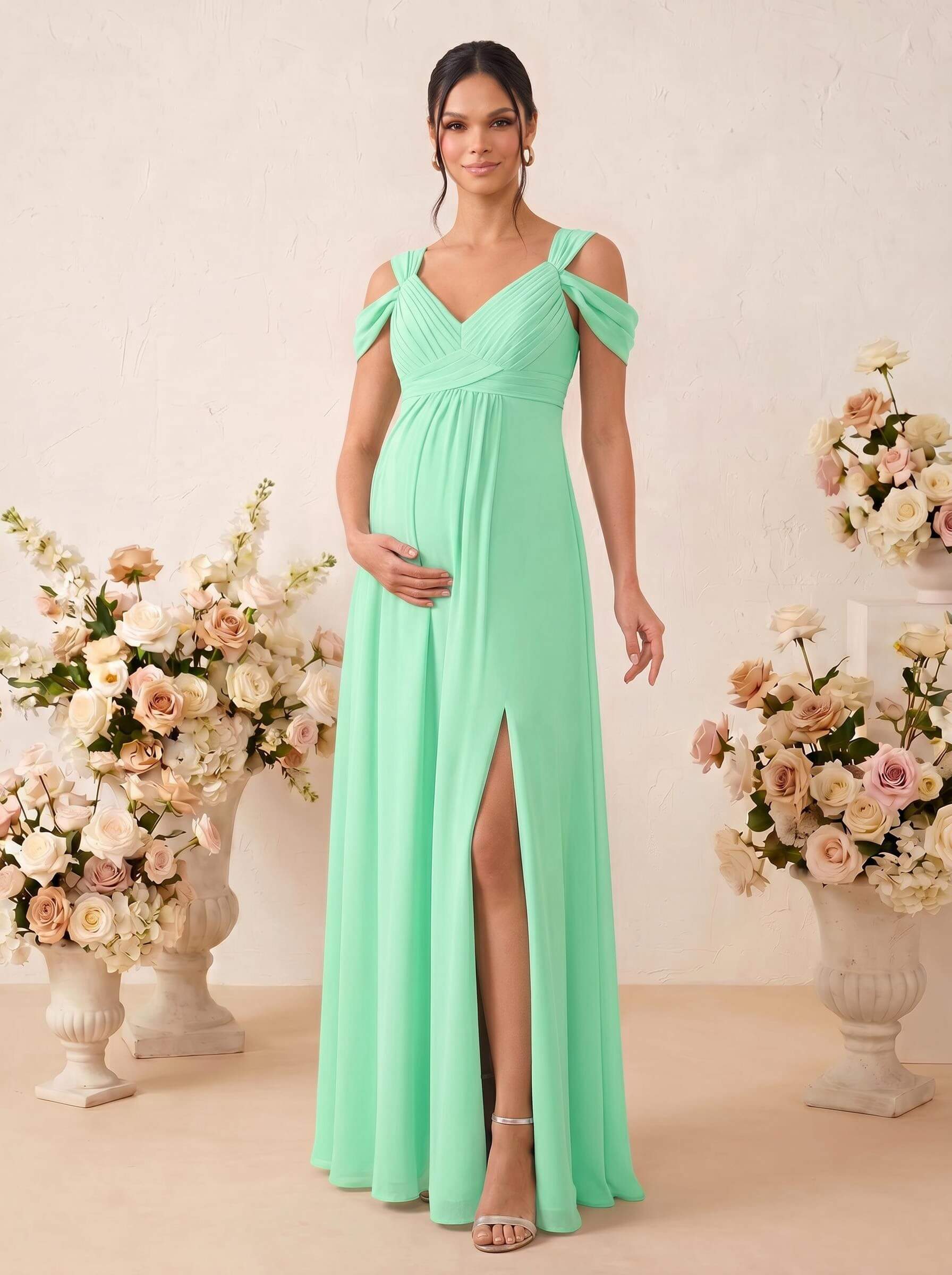 A-Line V-Neck Sleeveless Floor-Length Chiffon Maternity Bridesmaid Dresses With High Split, product image 48