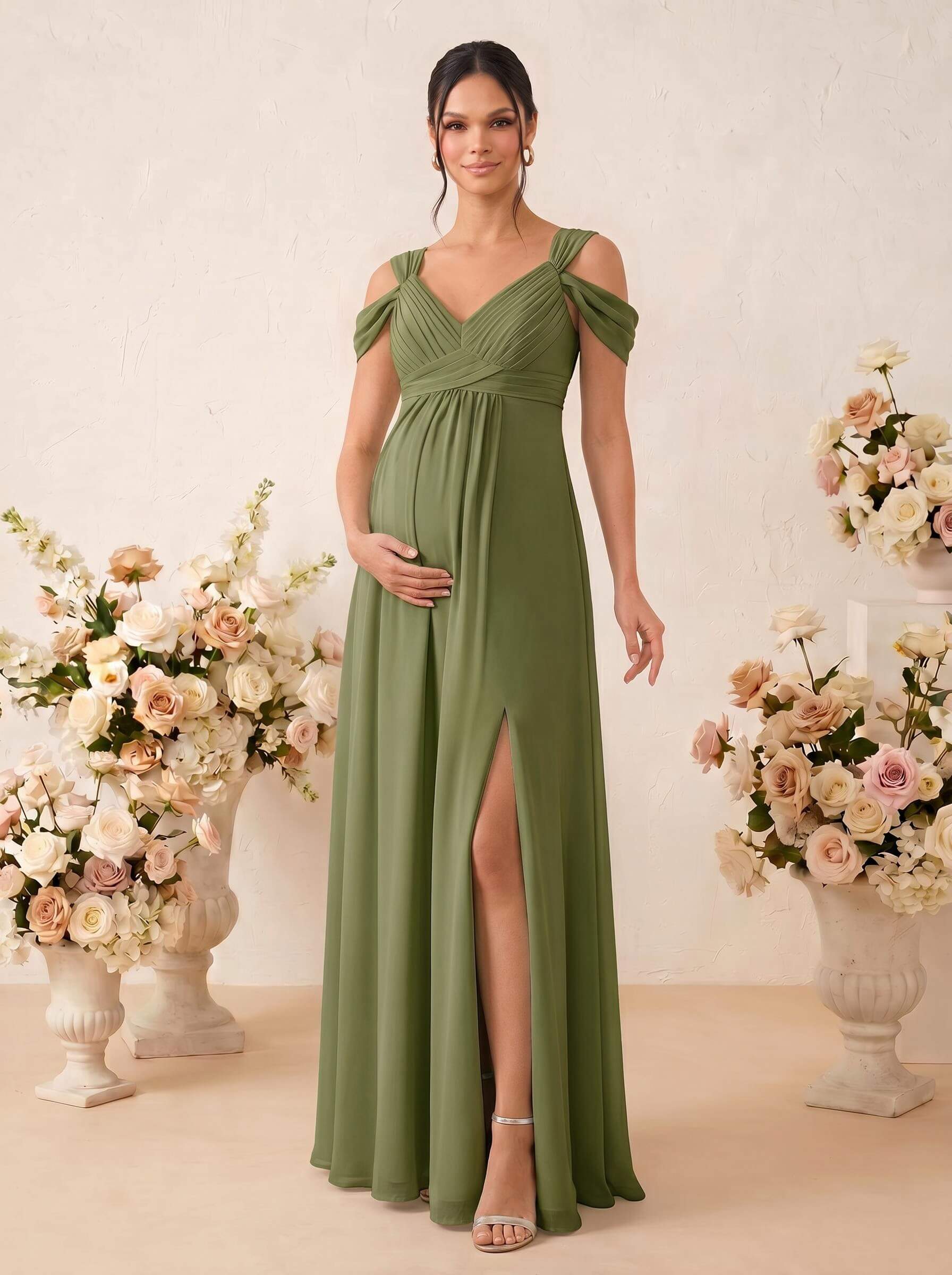 A-Line V-Neck Sleeveless Floor-Length Chiffon Maternity Bridesmaid Dresses With High Split, product image 62