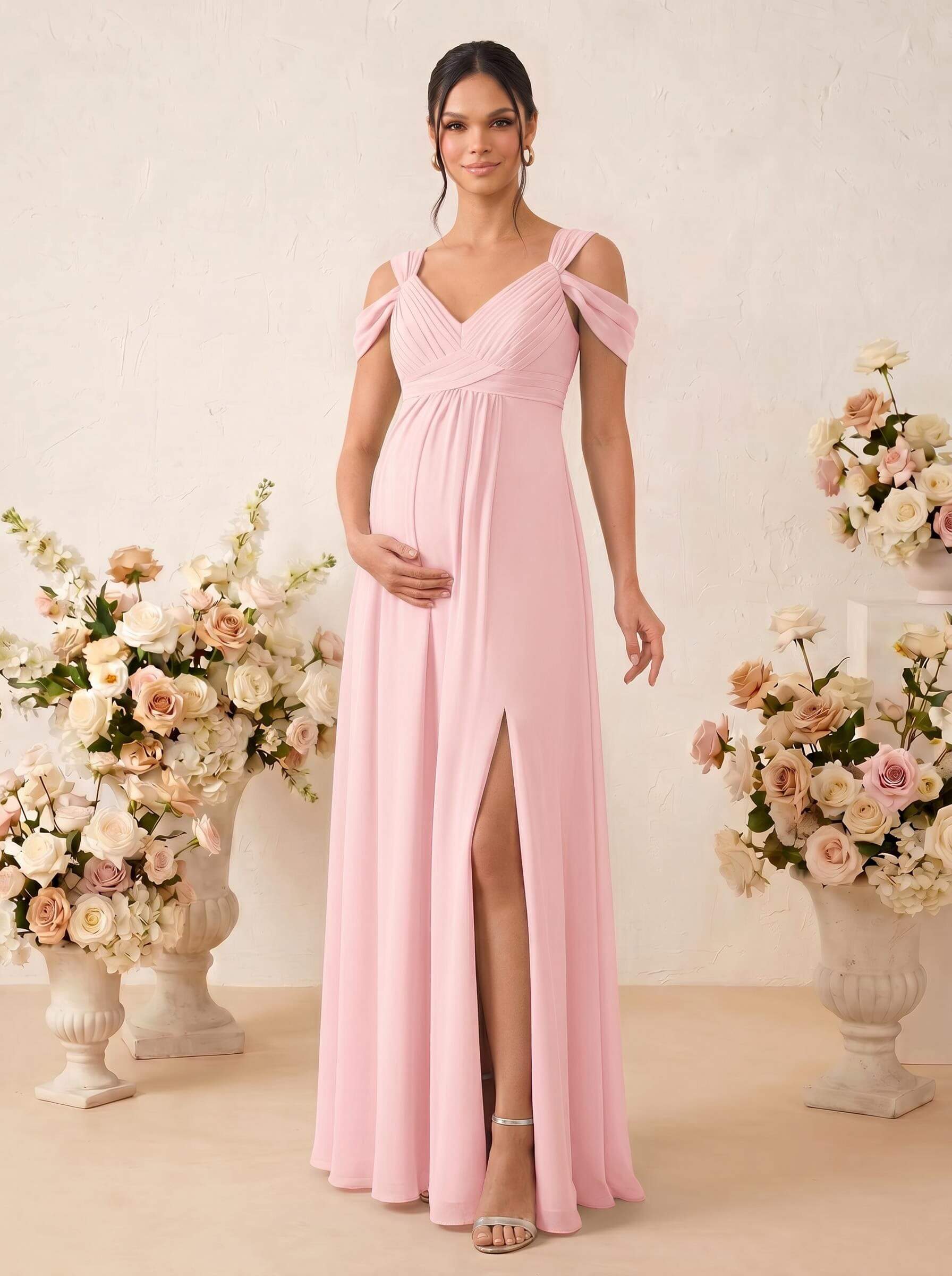 A-Line V-Neck Sleeveless Floor-Length Chiffon Maternity Bridesmaid Dresses With High Split, product image 26