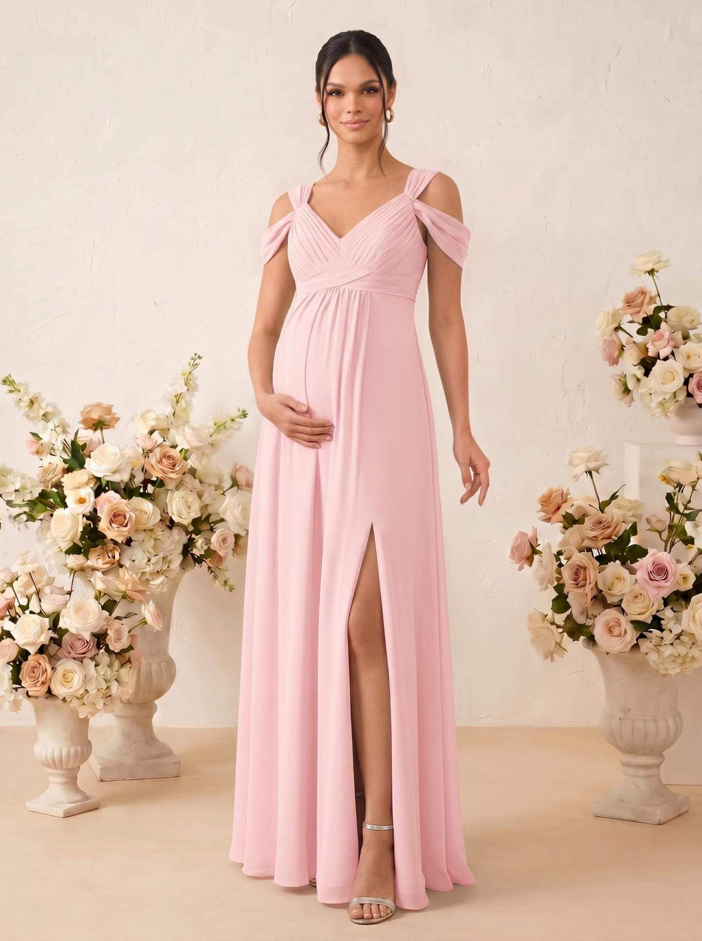A-Line V-Neck Sleeveless Floor-Length Chiffon Maternity Bridesmaid Dresses With High Split, product image 26