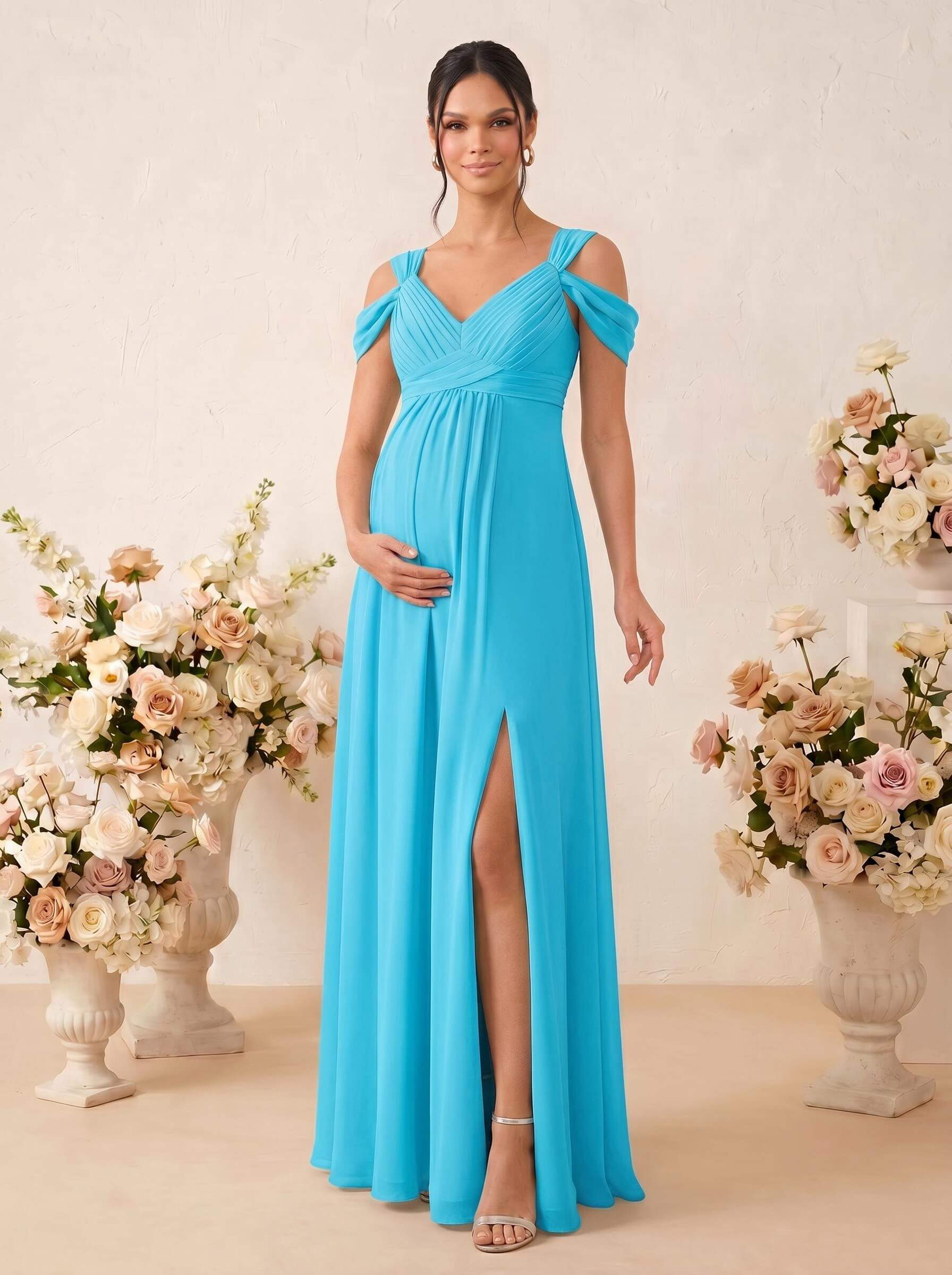 A-Line V-Neck Sleeveless Floor-Length Chiffon Maternity Bridesmaid Dresses With High Split, product image 12