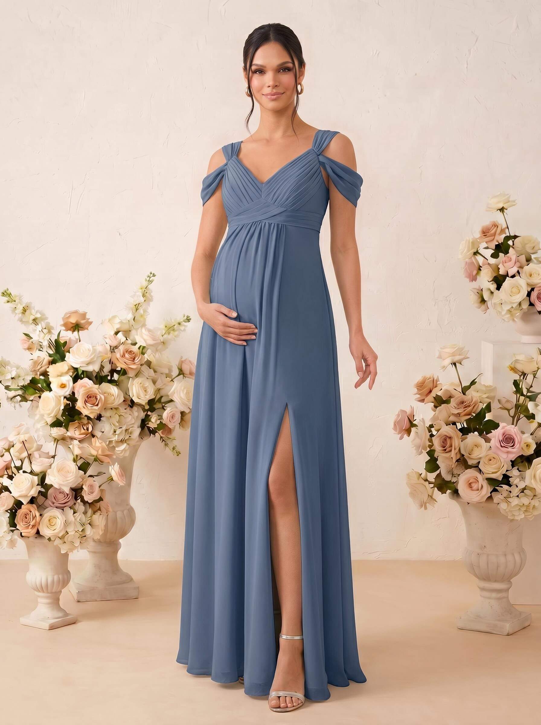 A-Line V-Neck Sleeveless Floor-Length Chiffon Maternity Bridesmaid Dresses With High Split, product image 7