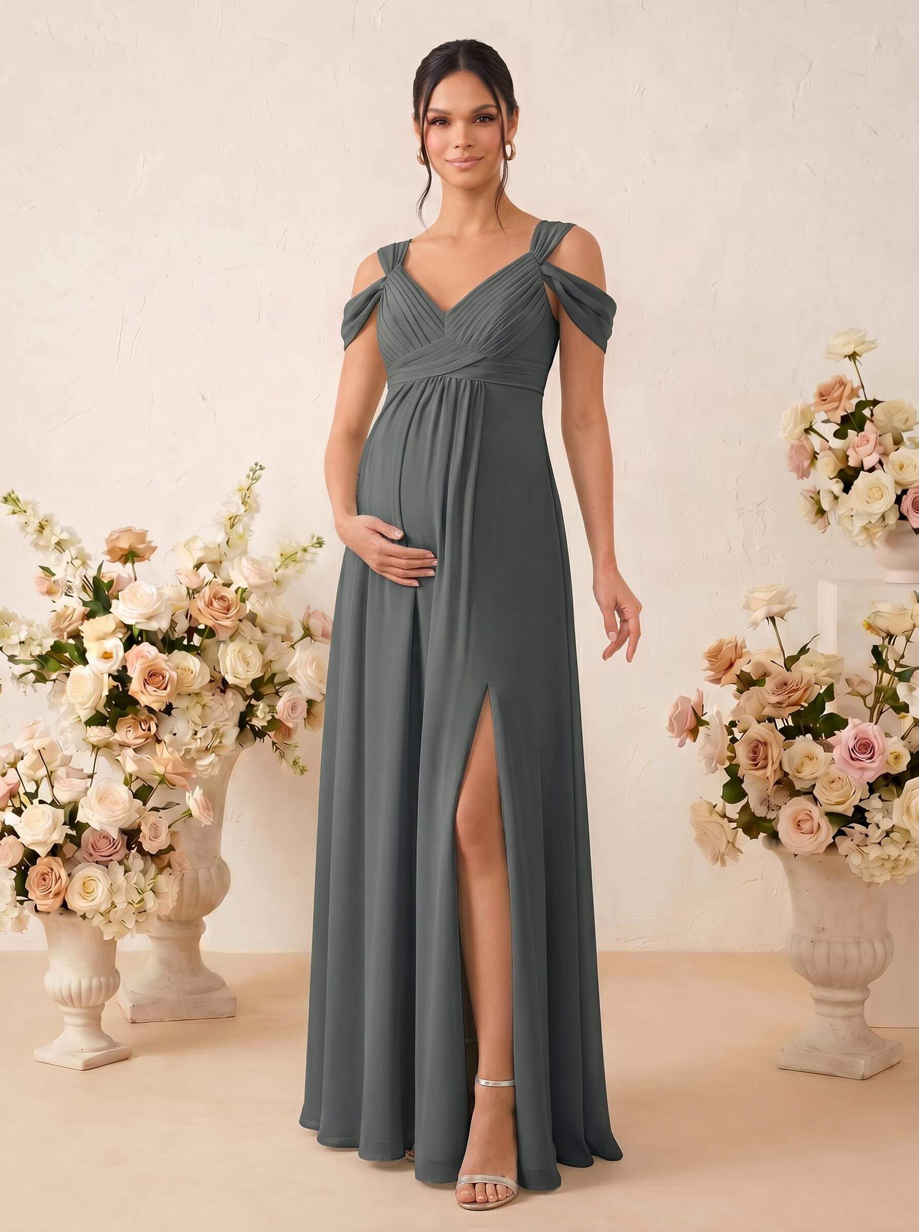 A-Line V-Neck Sleeveless Floor-Length Chiffon Maternity Bridesmaid Dresses With High Split, product image 60