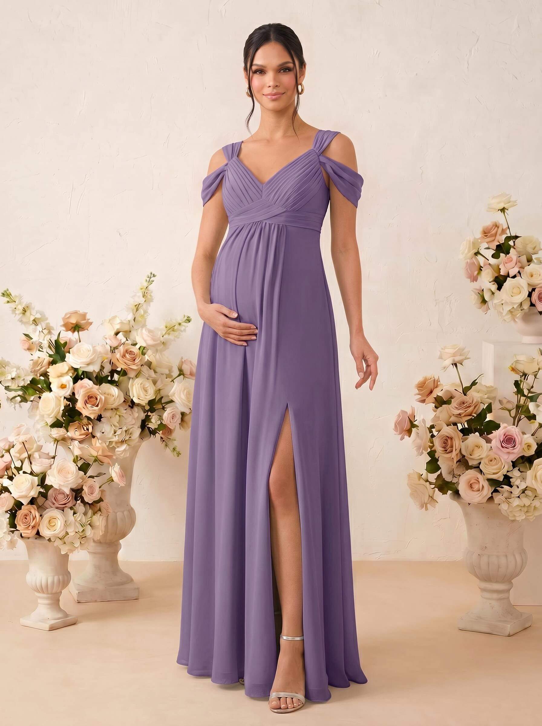 A-Line V-Neck Sleeveless Floor-Length Chiffon Maternity Bridesmaid Dresses With High Split, product image 36