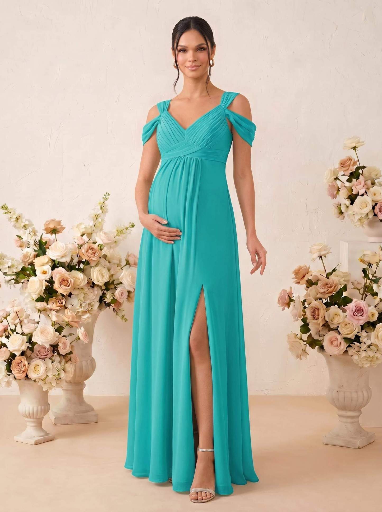 A-Line V-Neck Sleeveless Floor-Length Chiffon Maternity Bridesmaid Dresses With High Split, product image 70