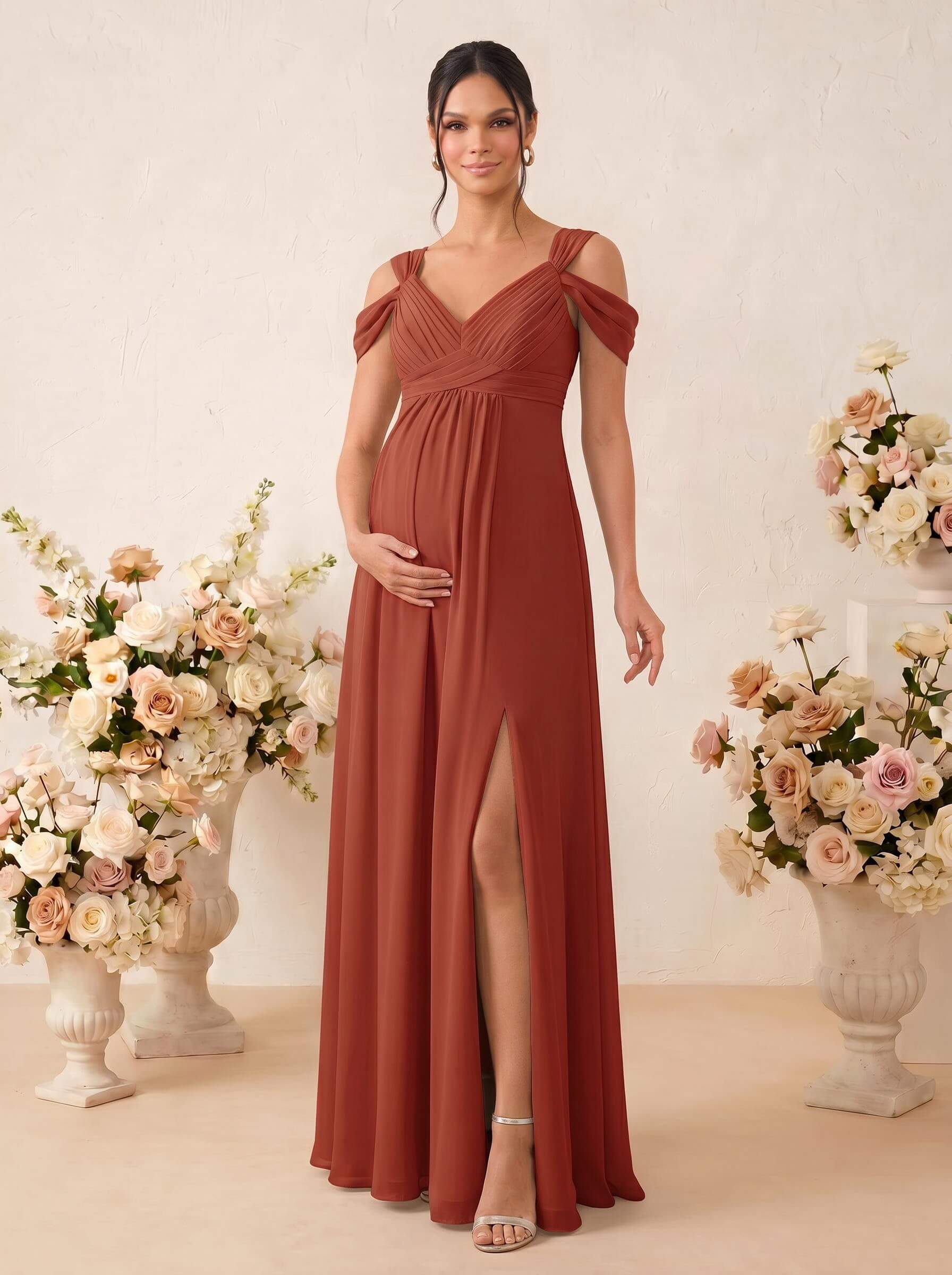 A-Line V-Neck Sleeveless Floor-Length Chiffon Maternity Bridesmaid Dresses With High Split, product image 21