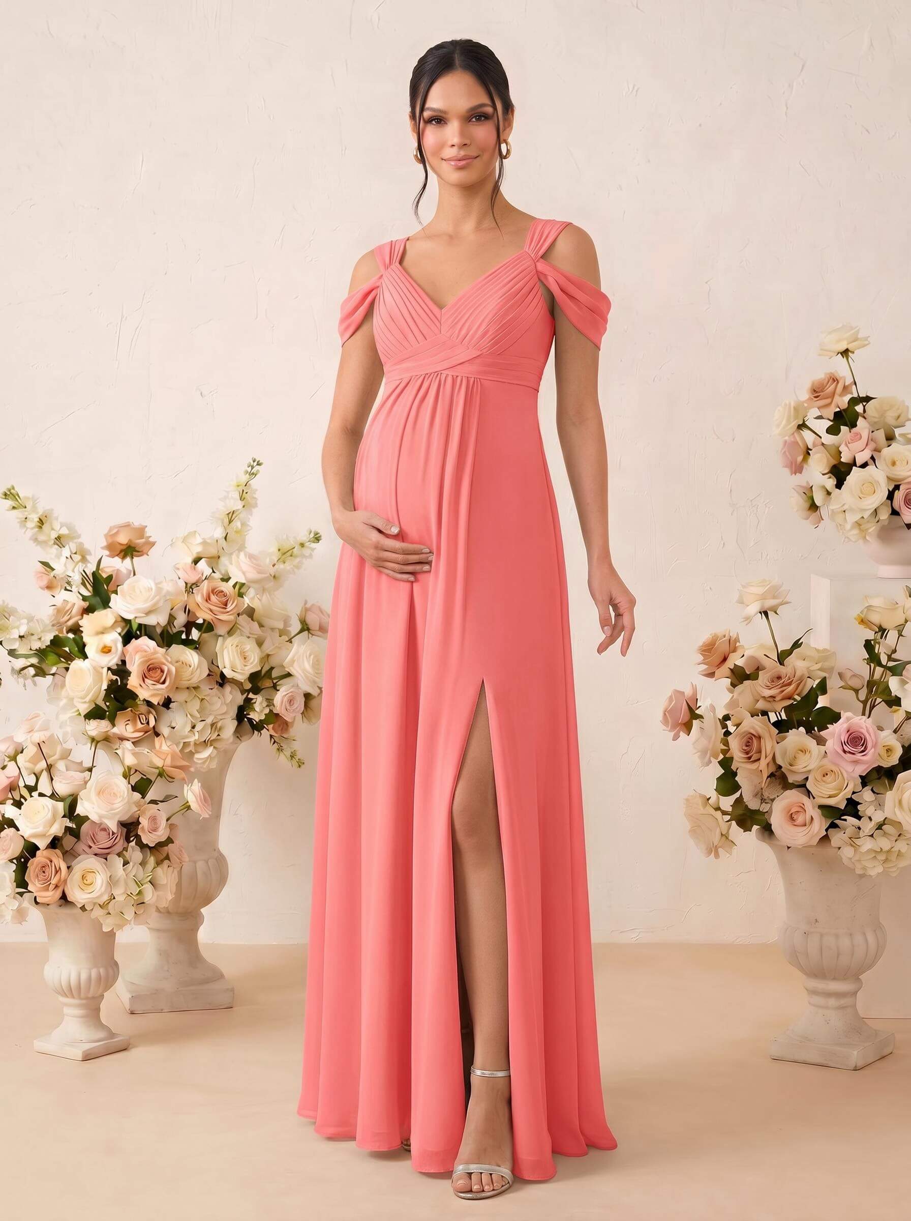 A-Line V-Neck Sleeveless Floor-Length Chiffon Maternity Bridesmaid Dresses With High Split, product image 22