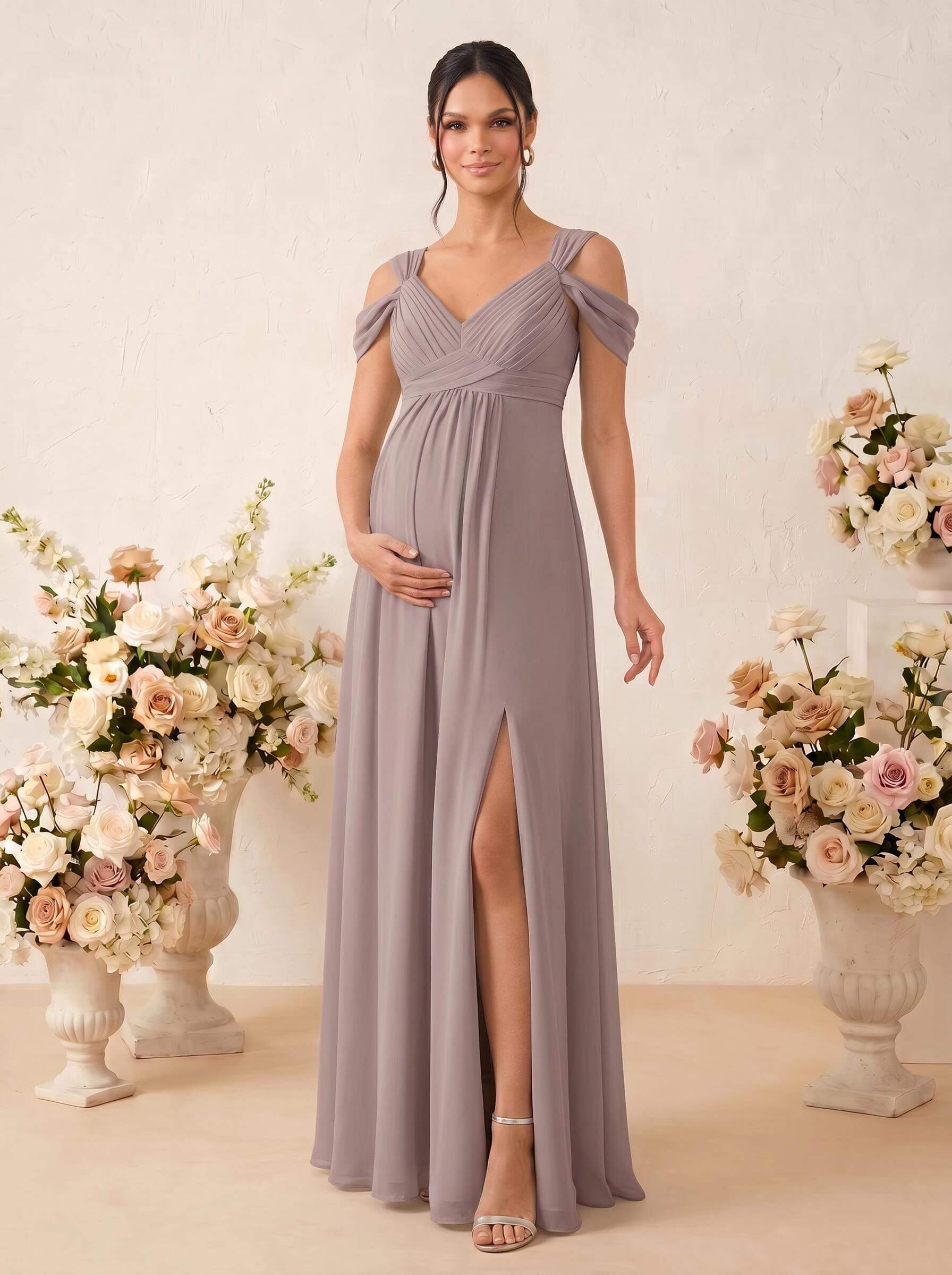 A-Line V-Neck Sleeveless Floor-Length Chiffon Maternity Bridesmaid Dresses With High Split, product image 30