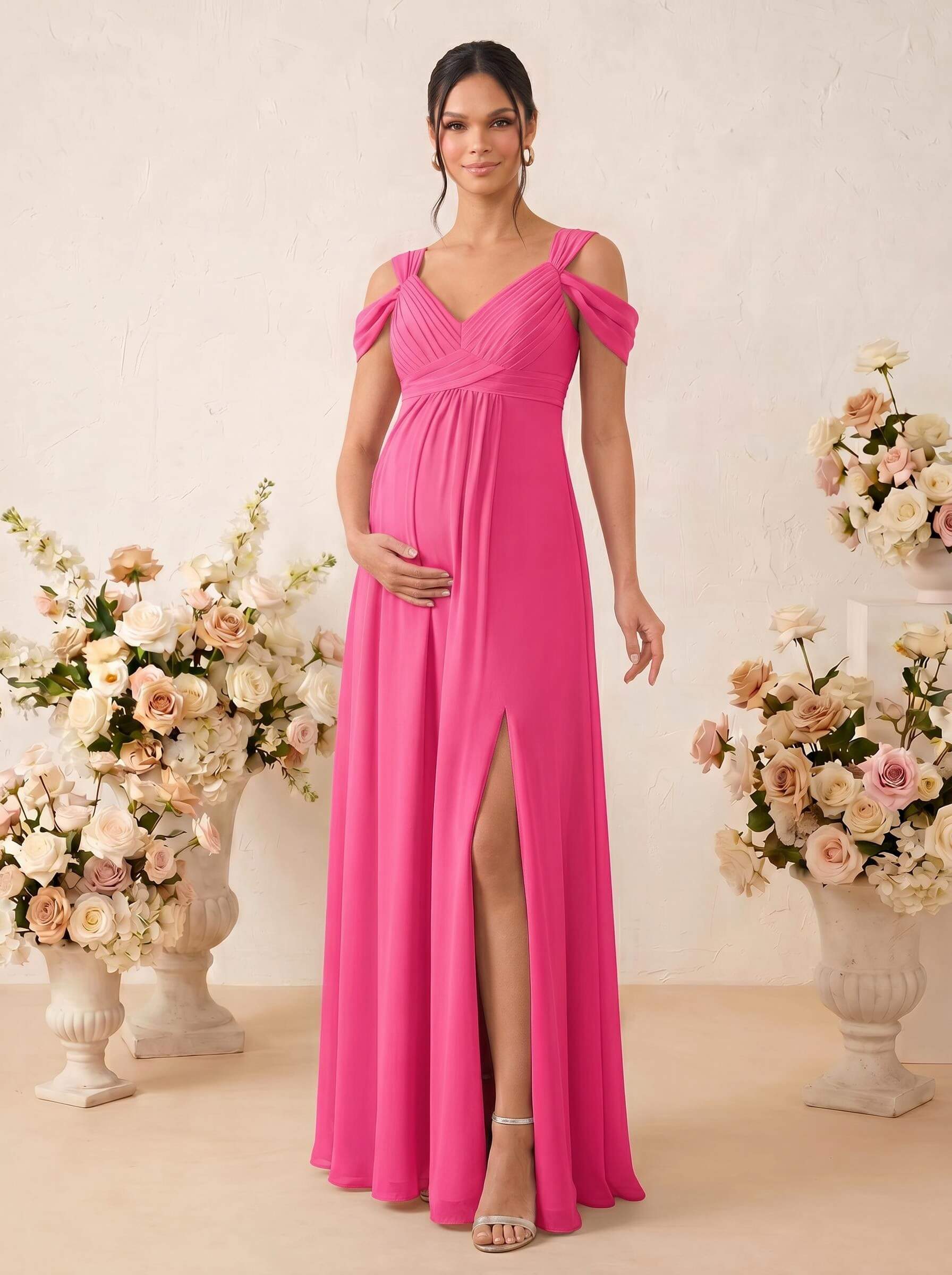 A-Line V-Neck Sleeveless Floor-Length Chiffon Maternity Bridesmaid Dresses With High Split, product image 40