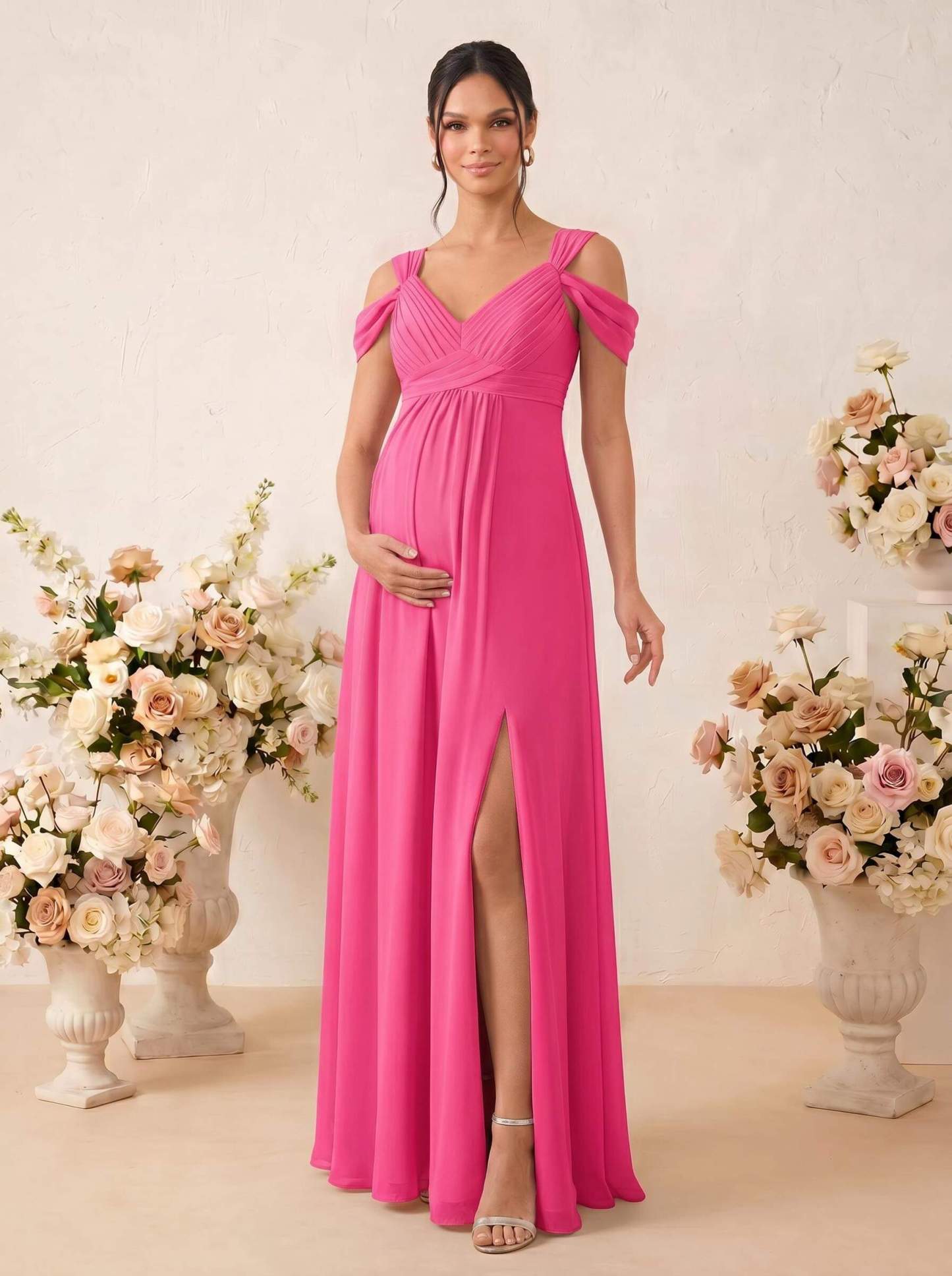 A-Line V-Neck Sleeveless Floor-Length Chiffon Maternity Bridesmaid Dresses With High Split, product image 40