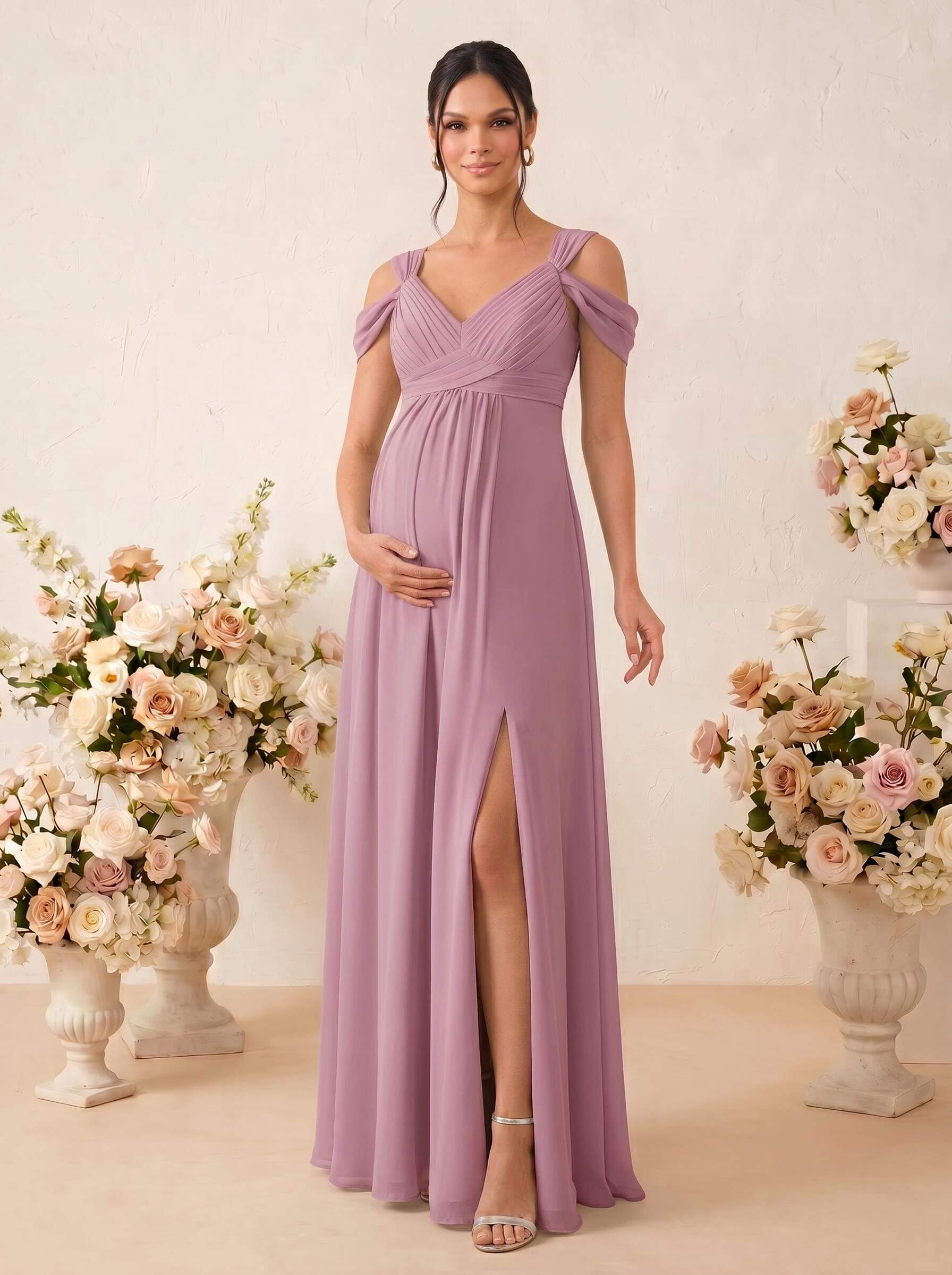 A-Line V-Neck Sleeveless Floor-Length Chiffon Maternity Bridesmaid Dresses With High Split, product image 33