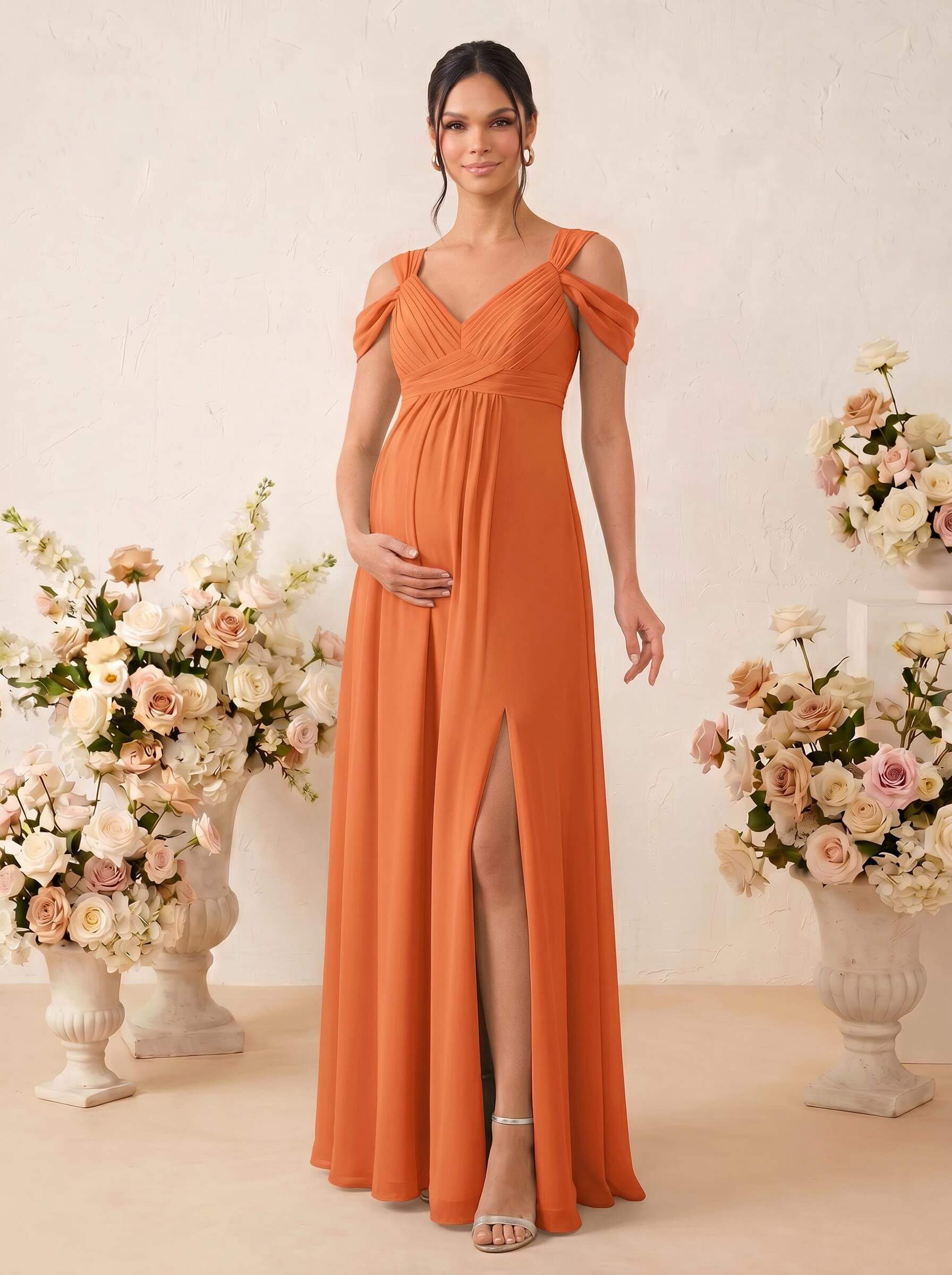 A-Line V-Neck Sleeveless Floor-Length Chiffon Maternity Bridesmaid Dresses With High Split, product image 54