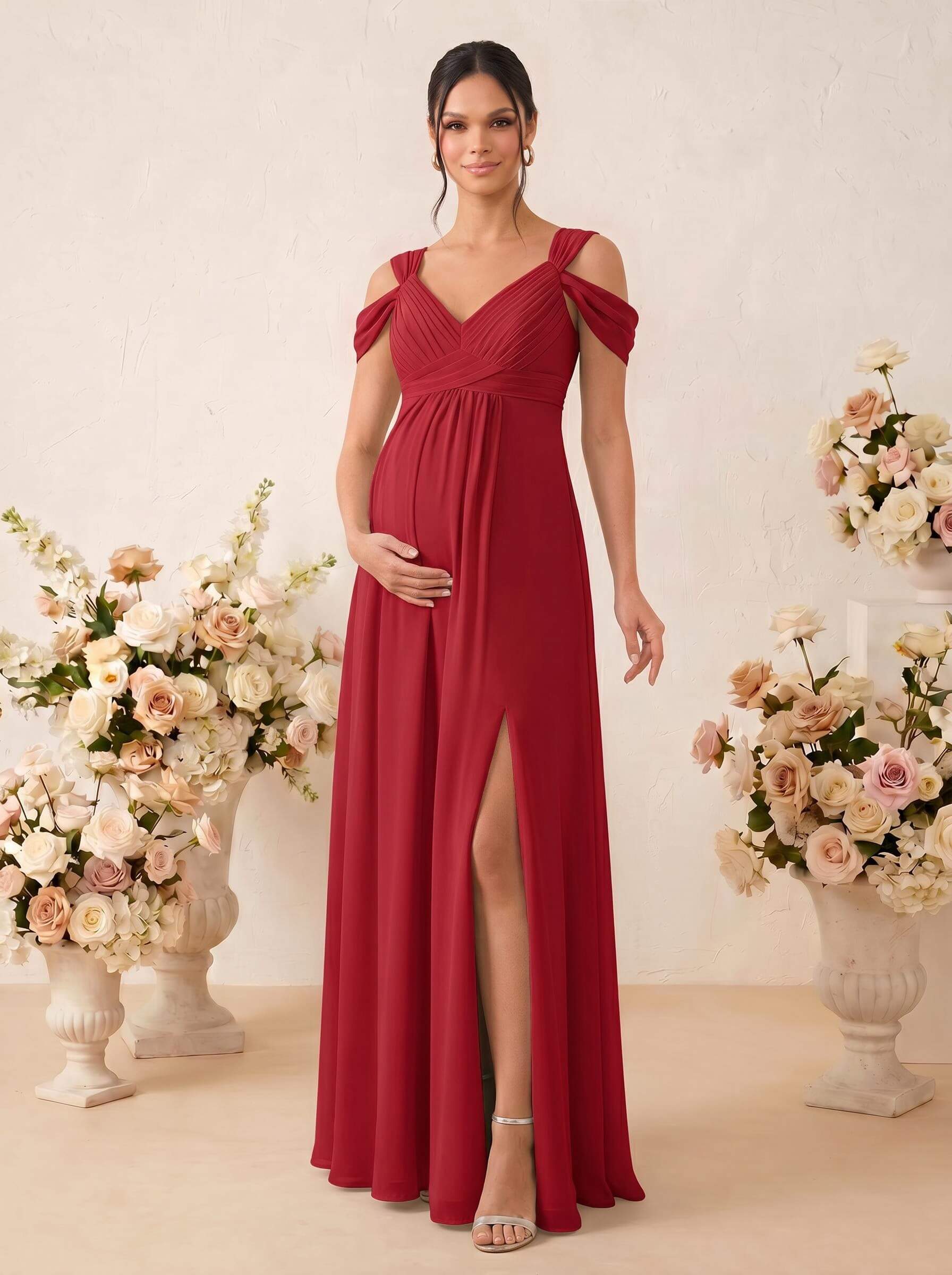 A-Line V-Neck Sleeveless Floor-Length Chiffon Maternity Bridesmaid Dresses With High Split, product image 20