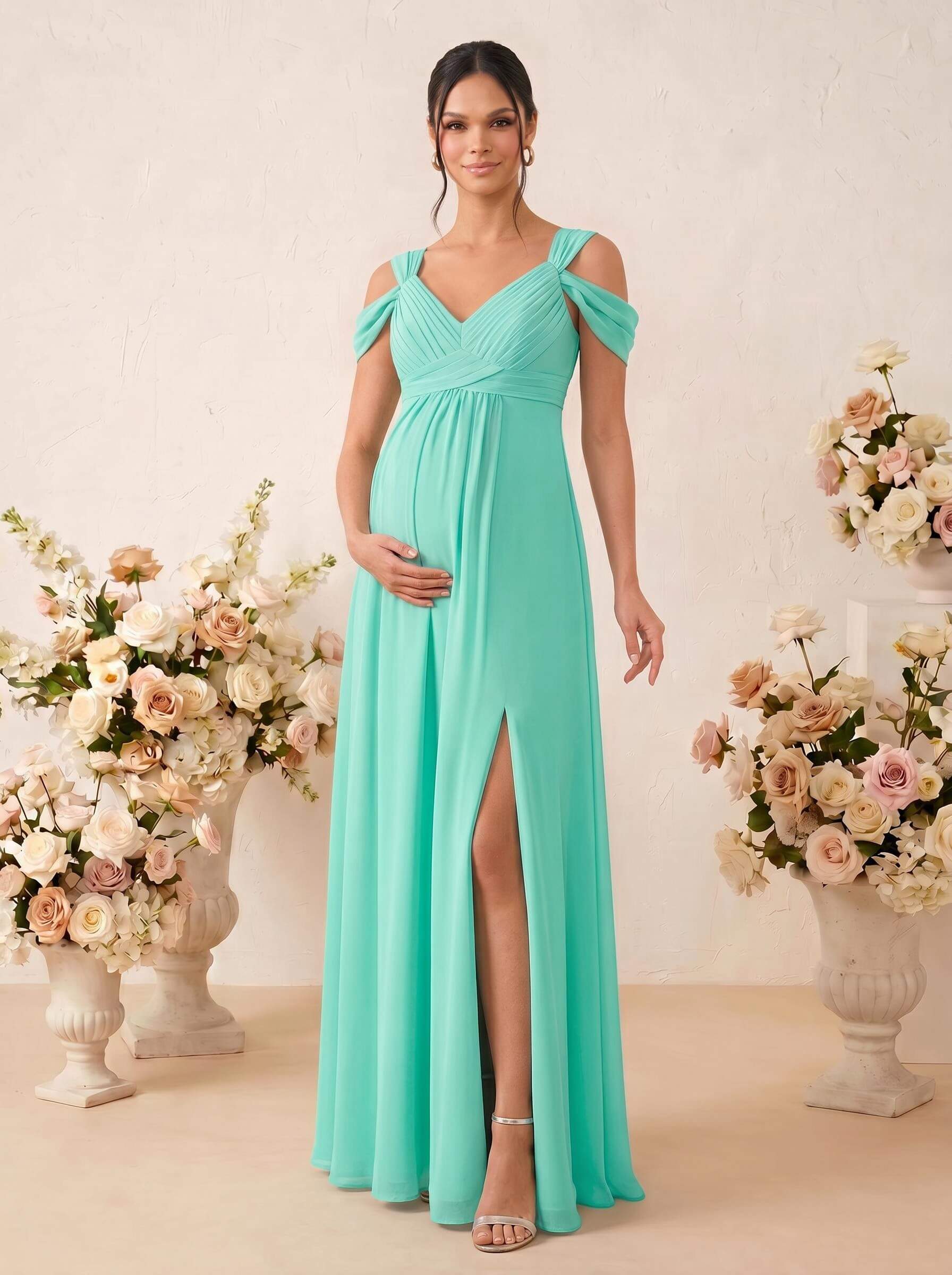 A-Line V-Neck Sleeveless Floor-Length Chiffon Maternity Bridesmaid Dresses With High Split, product image 49