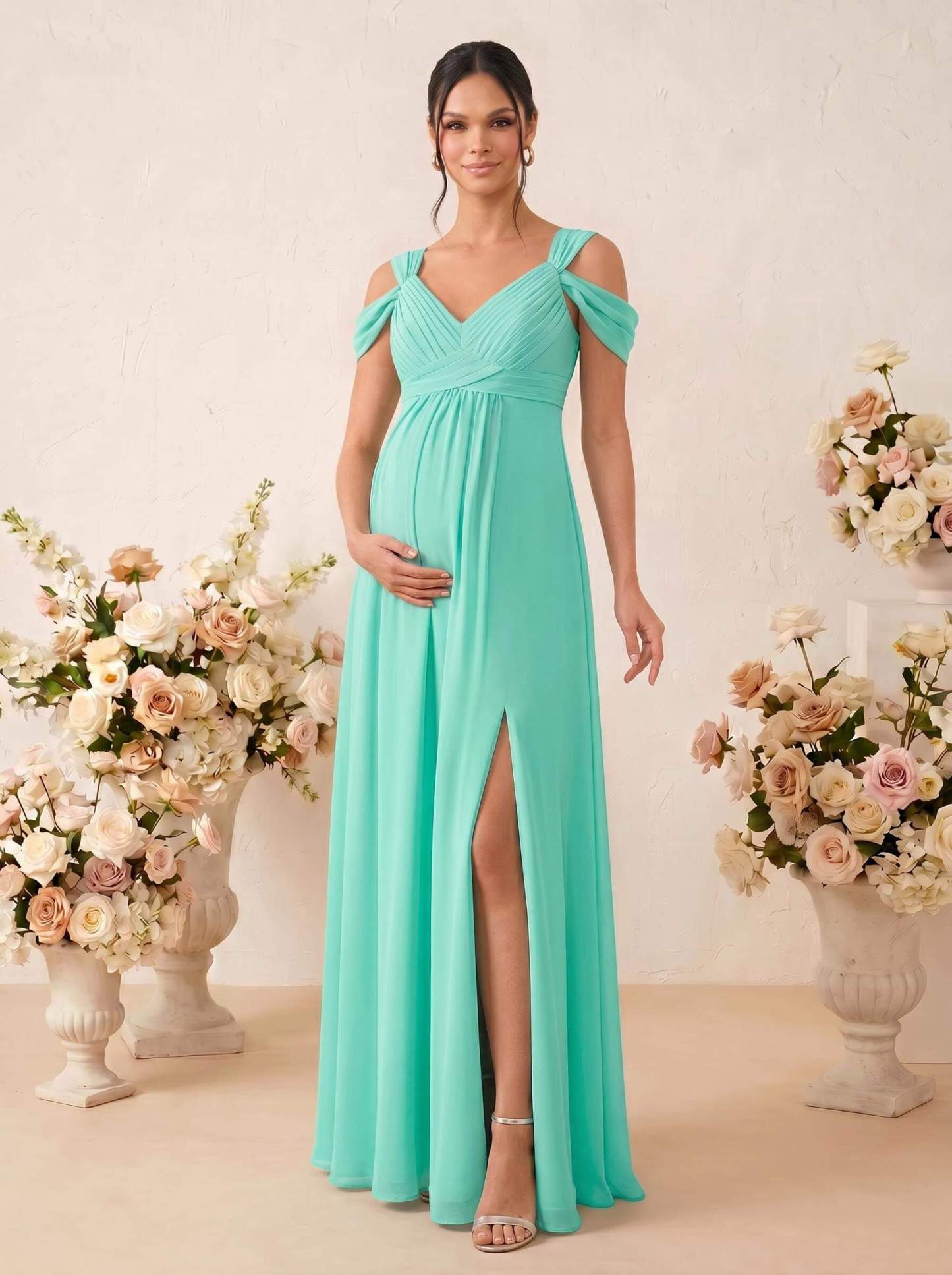 A-Line V-Neck Sleeveless Floor-Length Chiffon Maternity Bridesmaid Dresses With High Split, product image 49