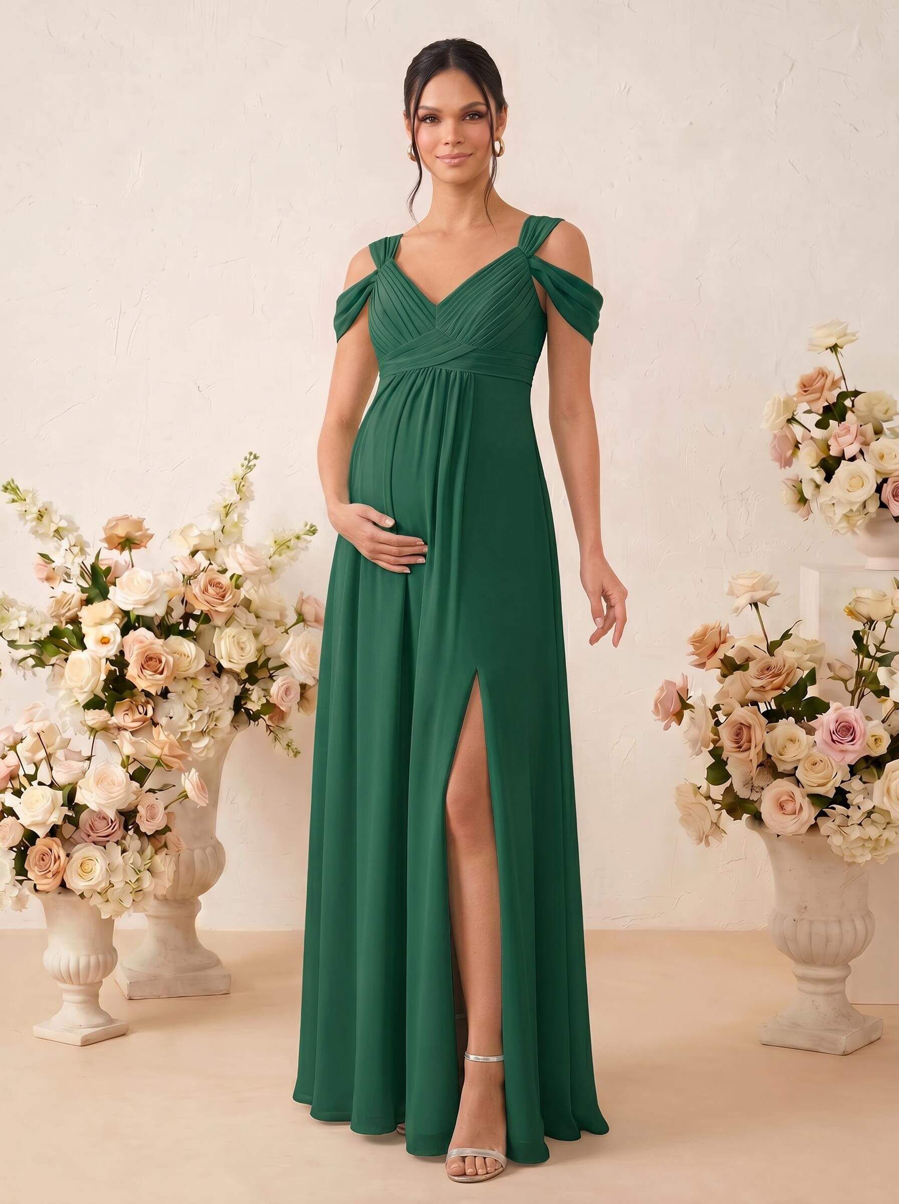 A-Line V-Neck Sleeveless Floor-Length Chiffon Maternity Bridesmaid Dresses With High Split, product image 43