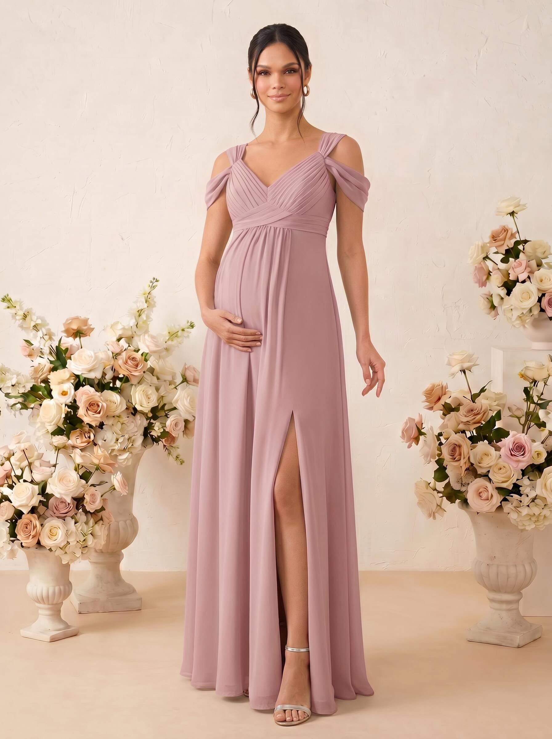 A-Line V-Neck Sleeveless Floor-Length Chiffon Maternity Bridesmaid Dresses With High Split, product image 32