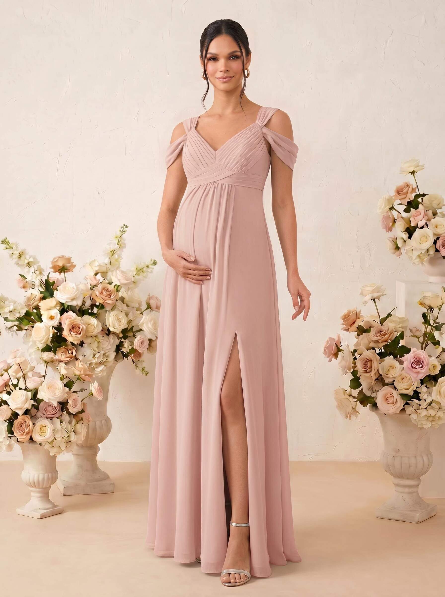 A-Line V-Neck Sleeveless Floor-Length Chiffon Maternity Bridesmaid Dresses With High Split, product image 23