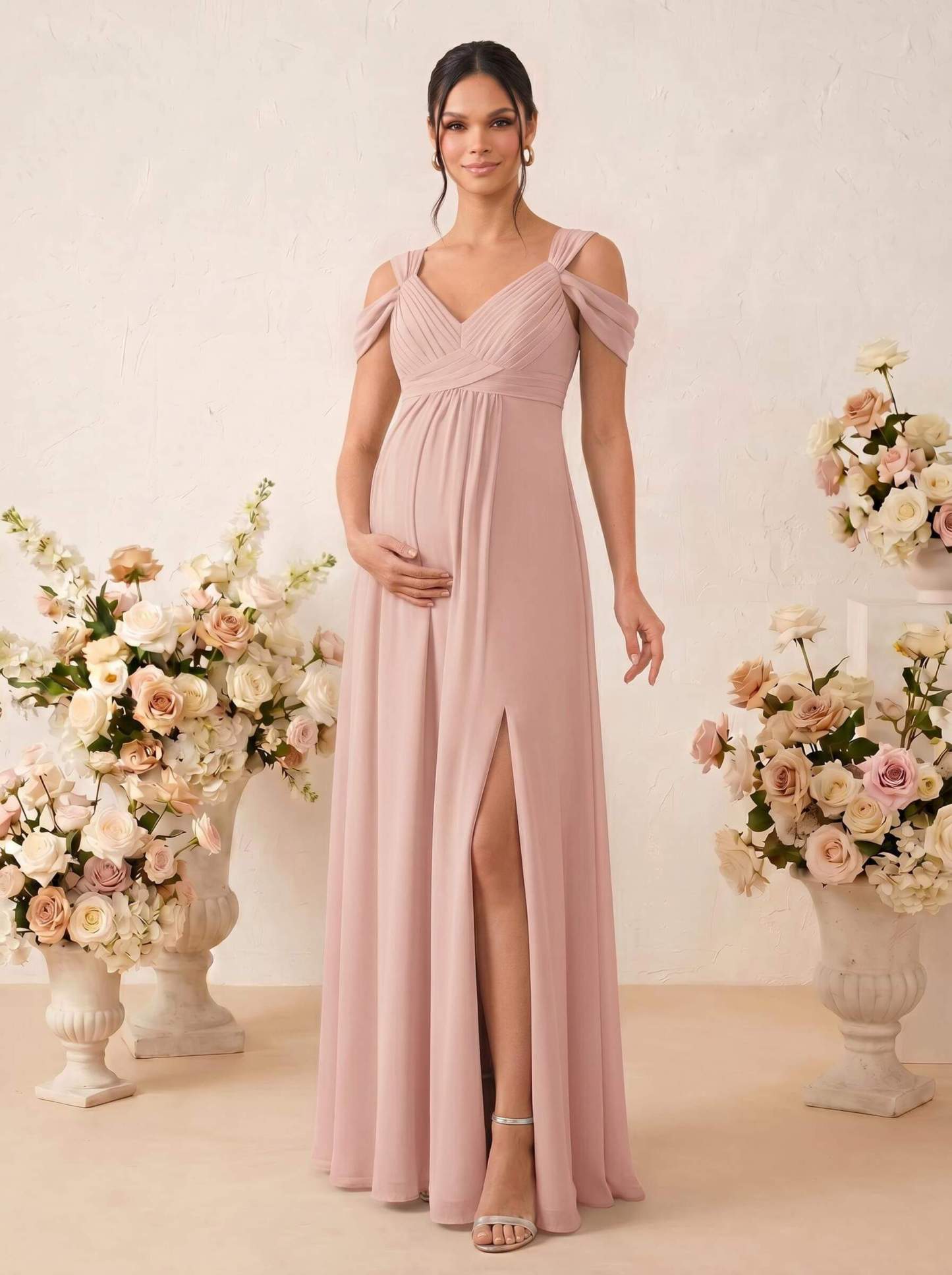 A-Line V-Neck Sleeveless Floor-Length Chiffon Maternity Bridesmaid Dresses With High Split, product image 23