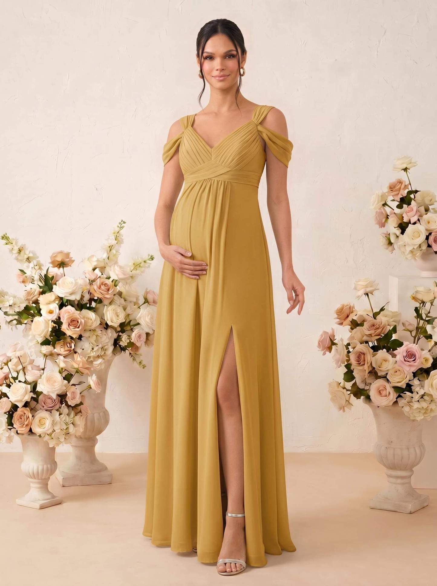 A-Line V-Neck Sleeveless Floor-Length Chiffon Maternity Bridesmaid Dresses With High Split, product image 53