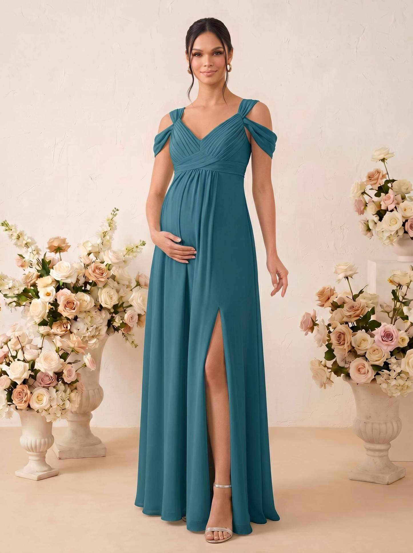 A-Line V-Neck Sleeveless Floor-Length Chiffon Maternity Bridesmaid Dresses With High Split, product image 9