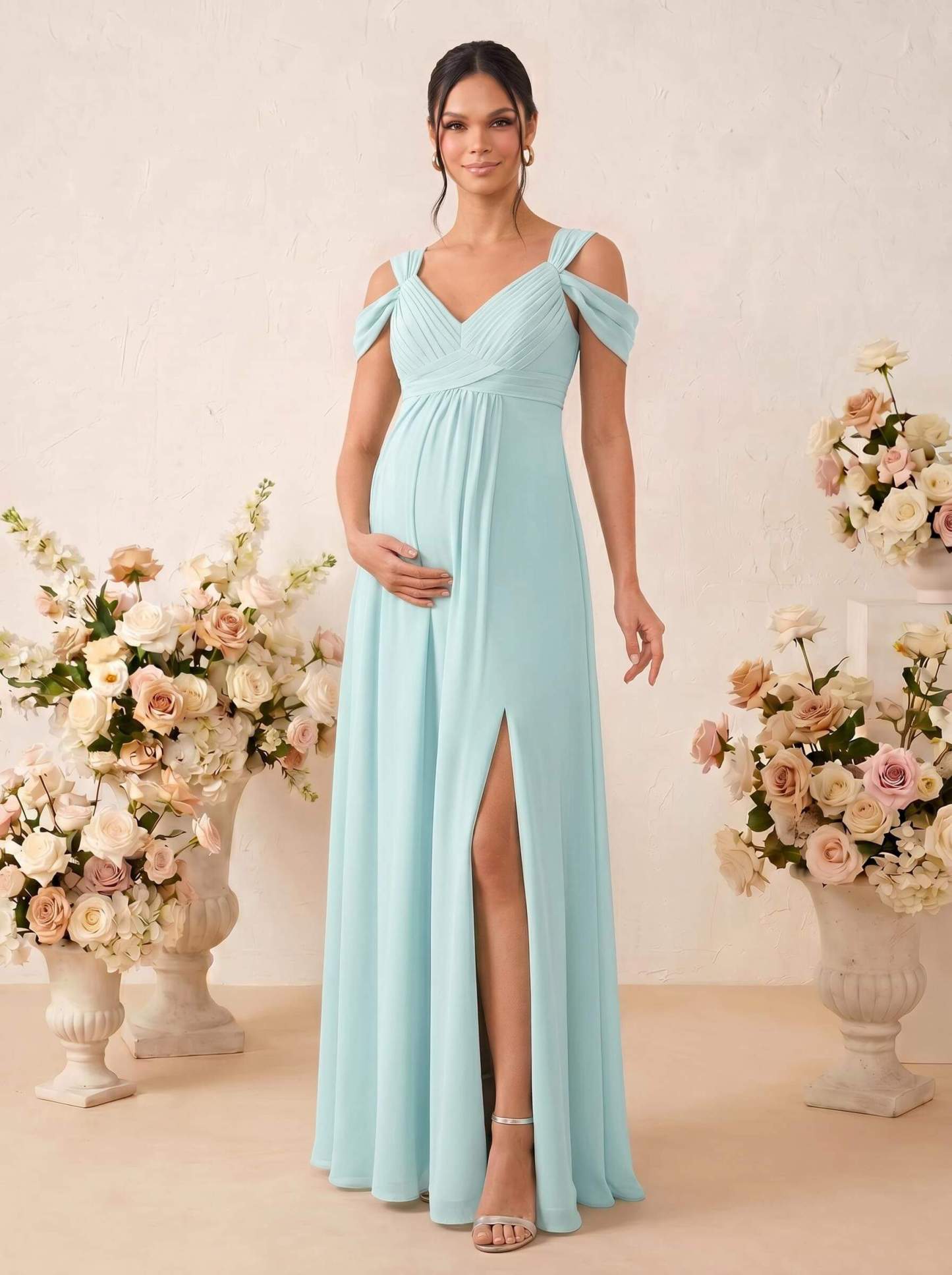 A-Line V-Neck Sleeveless Floor-Length Chiffon Maternity Bridesmaid Dresses With High Split, product image 15