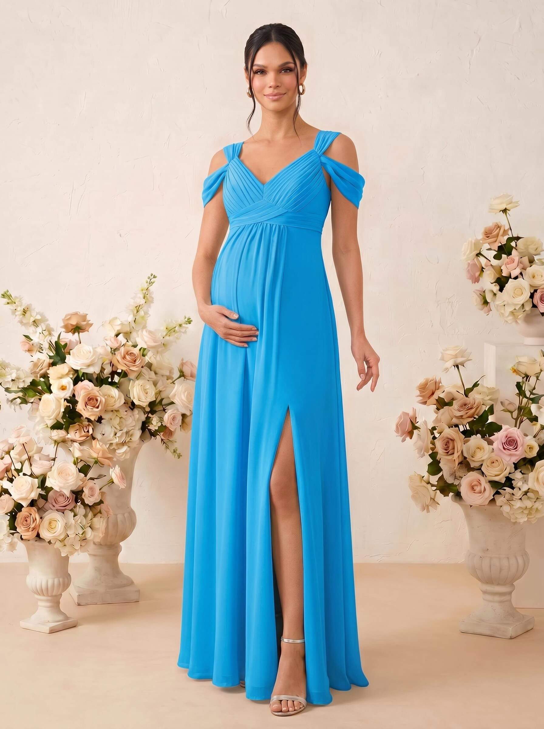 A-Line V-Neck Sleeveless Floor-Length Chiffon Maternity Bridesmaid Dresses With High Split, product image 11