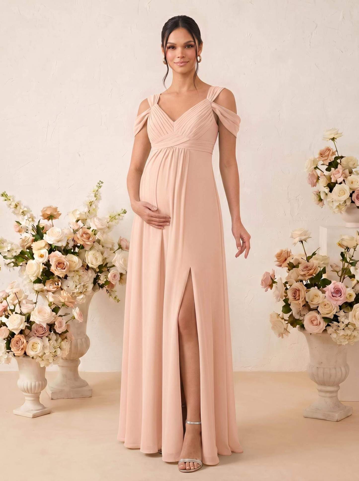 A-Line V-Neck Sleeveless Floor-Length Chiffon Maternity Bridesmaid Dresses With High Split, product image 65
